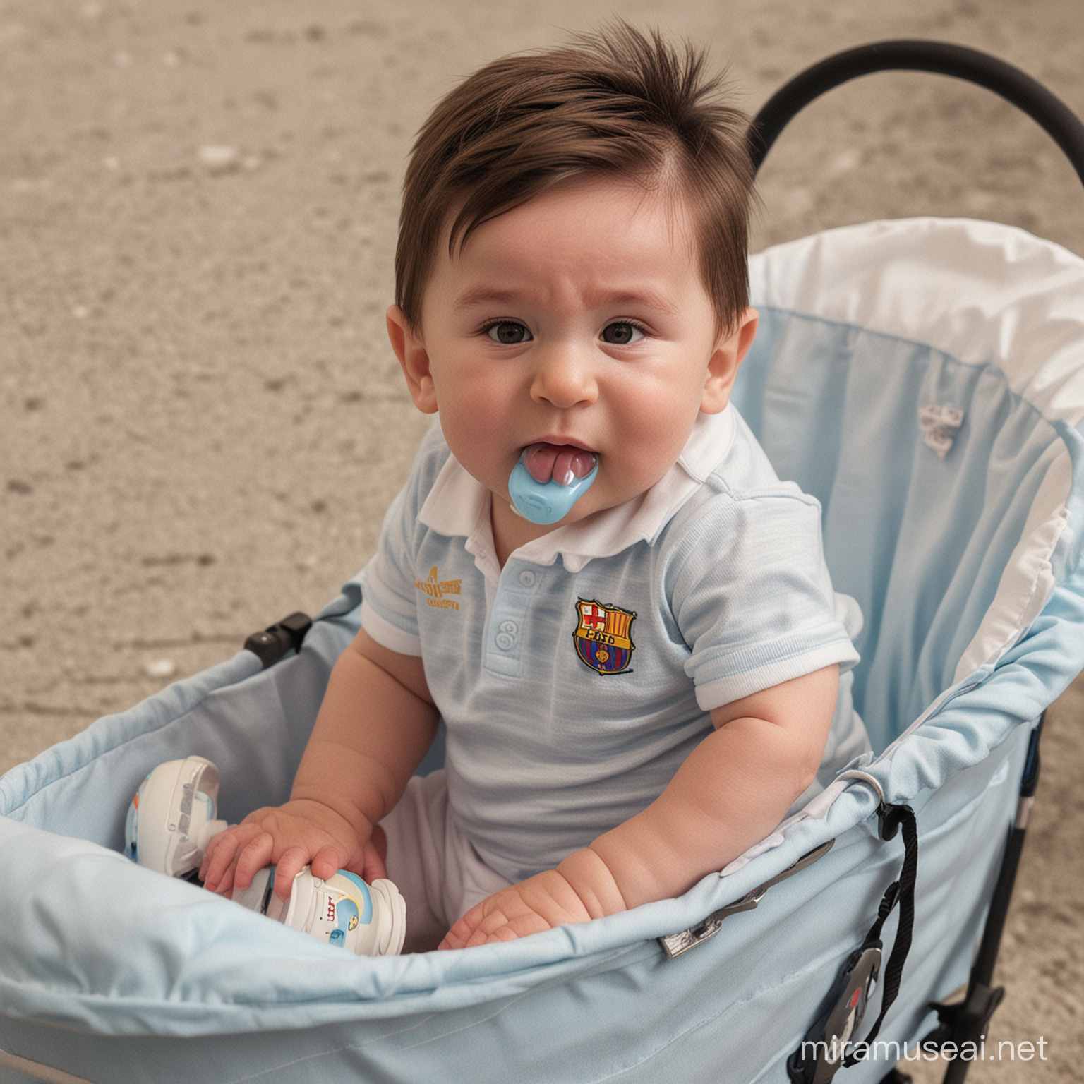 little lionel messi sitting in a pram using a pacifier