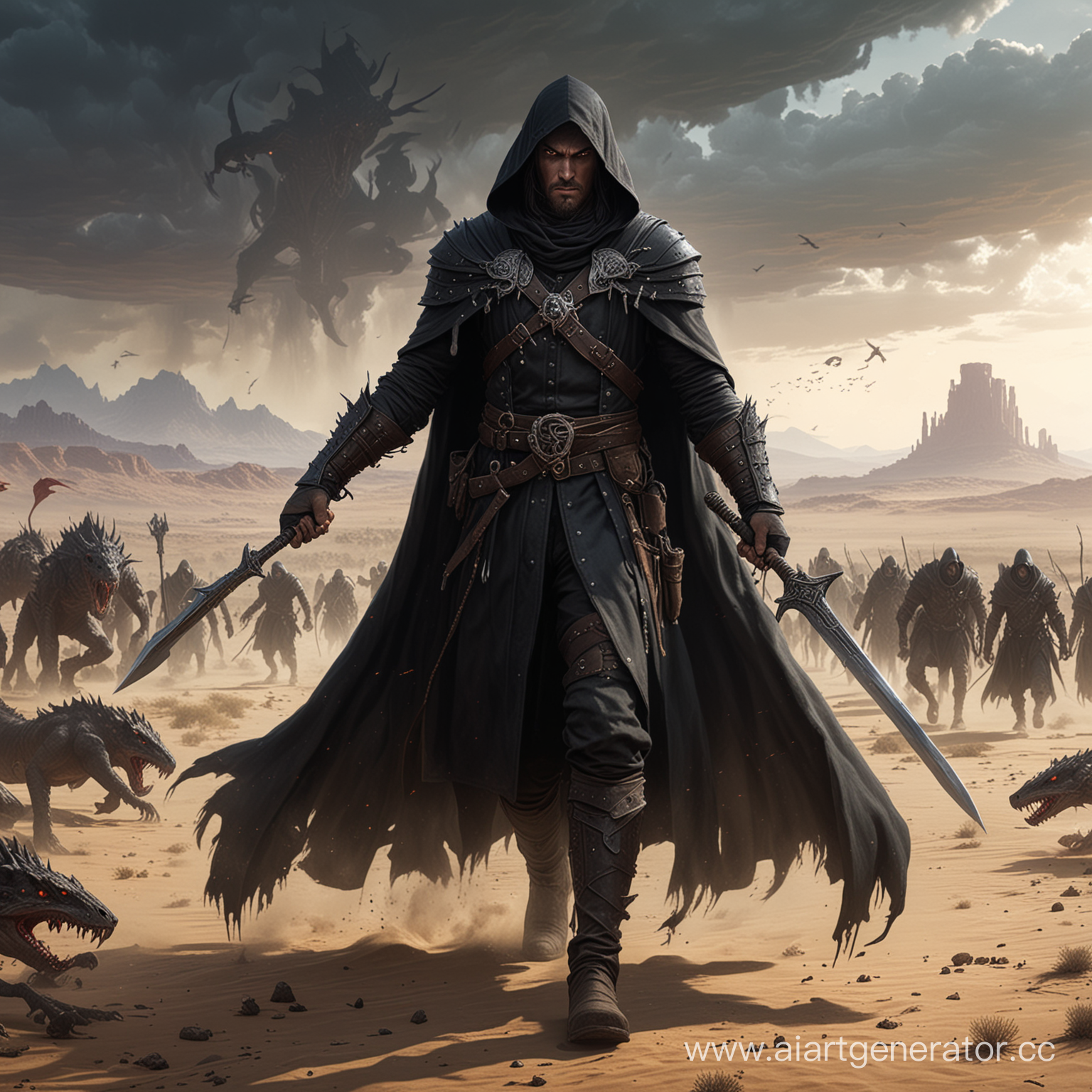 герой использующий магию в длинном черном средневековом пальто с помощью клинка который прикреплен к его запястью убивает орду монстров в пустыне 