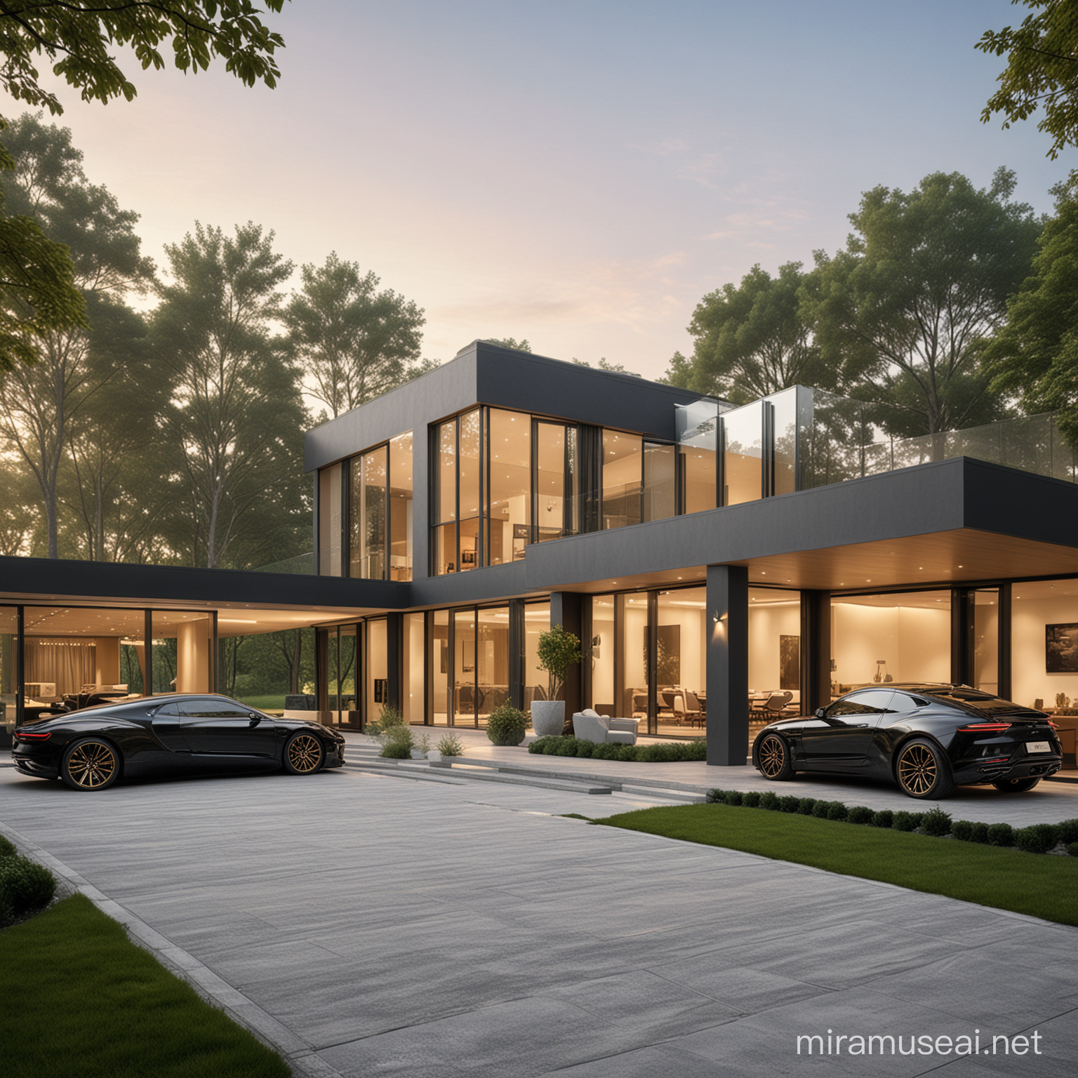 "Create an image of a modern luxury house with a flat roof and large glass windows, The house should have multiple levels with visible interior spaces, suggesting a spacious and open design. In the driveway, there should be two high-end sports Golden Colored cars parked, one with a sleek silver design and the other in a deep black finish. The scene should evoke a sense of exclusivity, privacy, and harmony with nature. The lighting should be soft and natural, as if it's early morning with the sun gently illuminating the scene. Add a touch of luxury and sophistication to the entire setting."