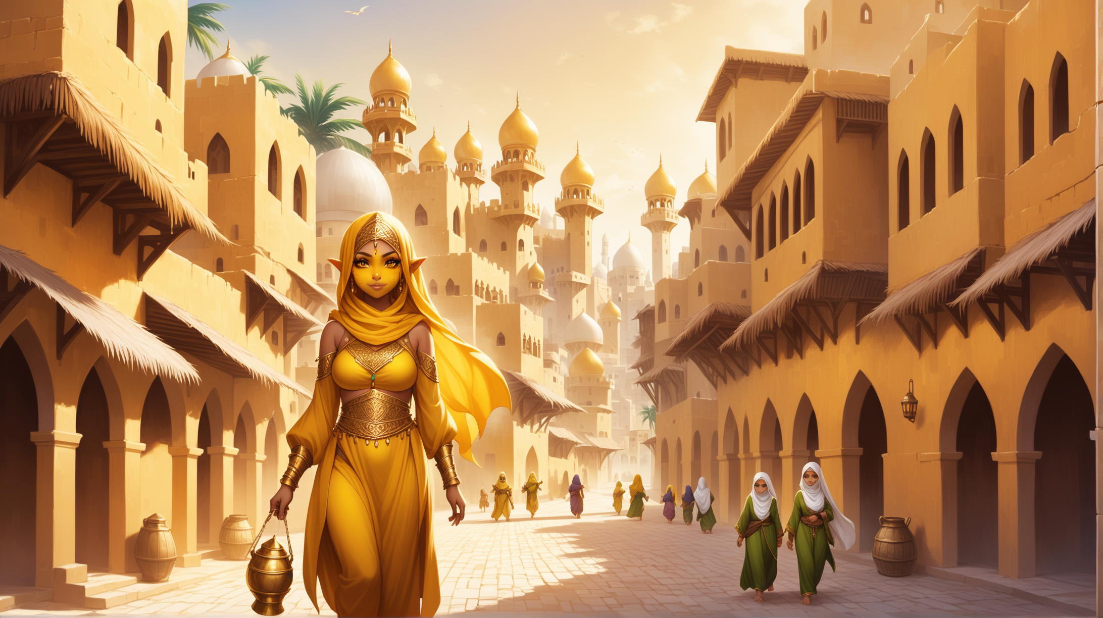 young gold gnome women with yellow skin, tropical Arabic city, Medieval fantasy