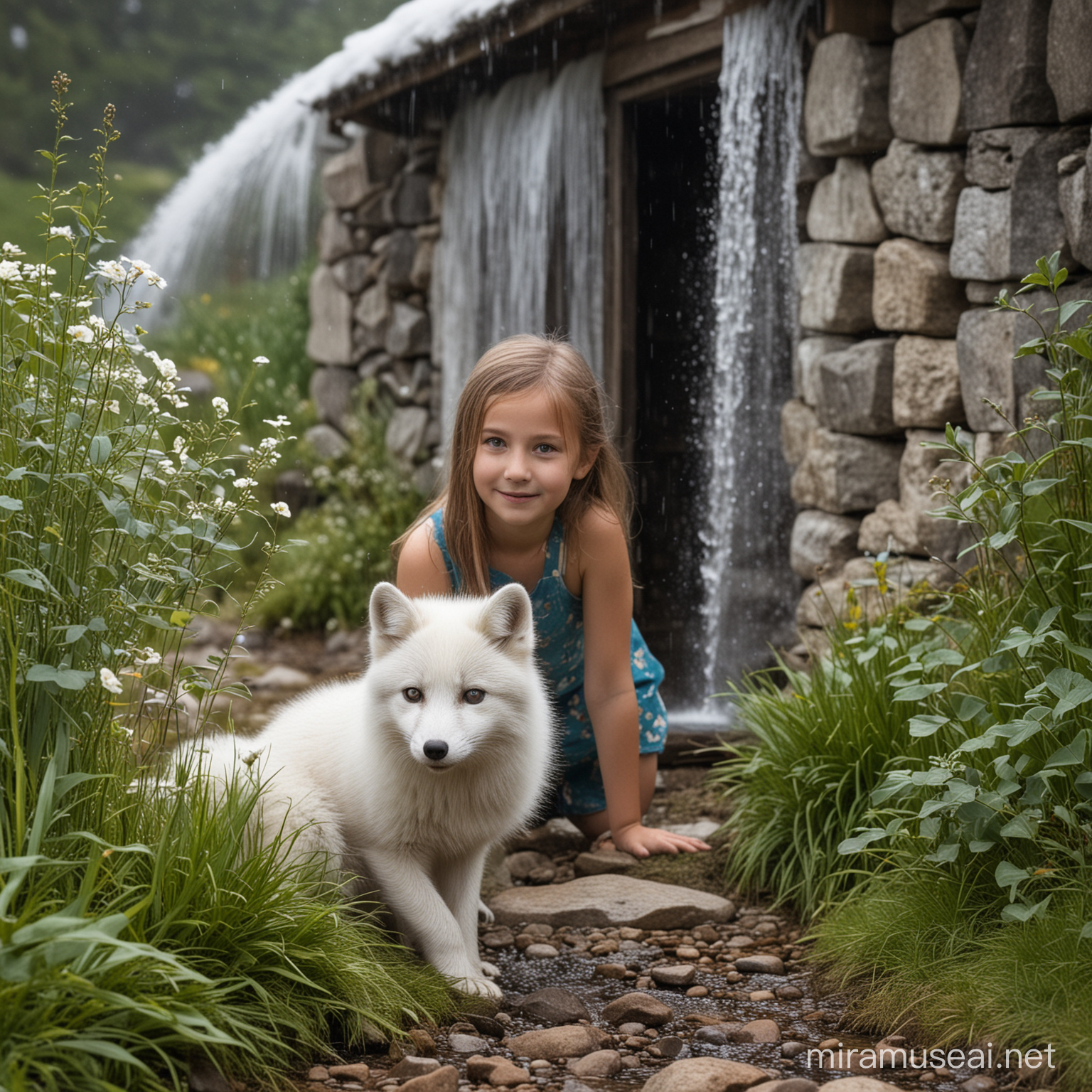 a half young girl half arctic 
fox Infront of a cottage behind a waterfall
