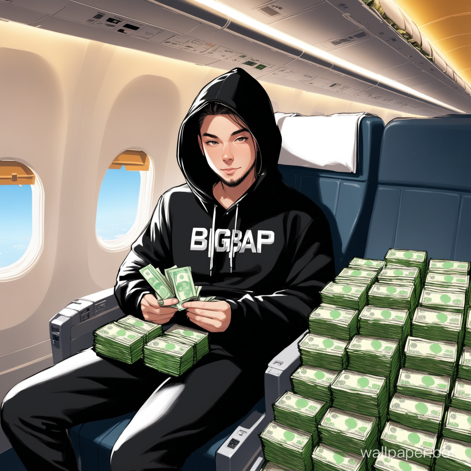 Me in a airplane with a hoodie that  says “bigbap182” and stacks of cash and pounds of weed with a crypto cold wallet ledger next to me 
