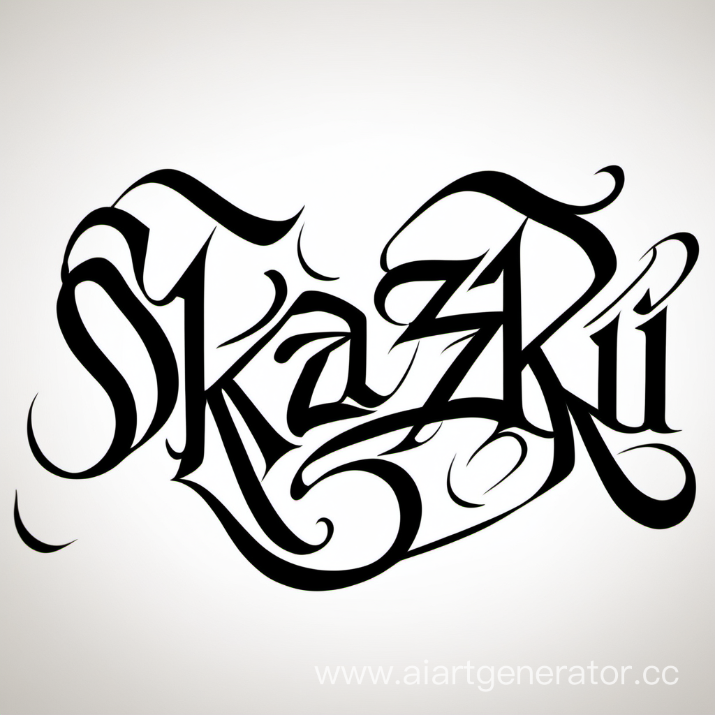 надпись "skazki" на белом фоне каллиграфией 