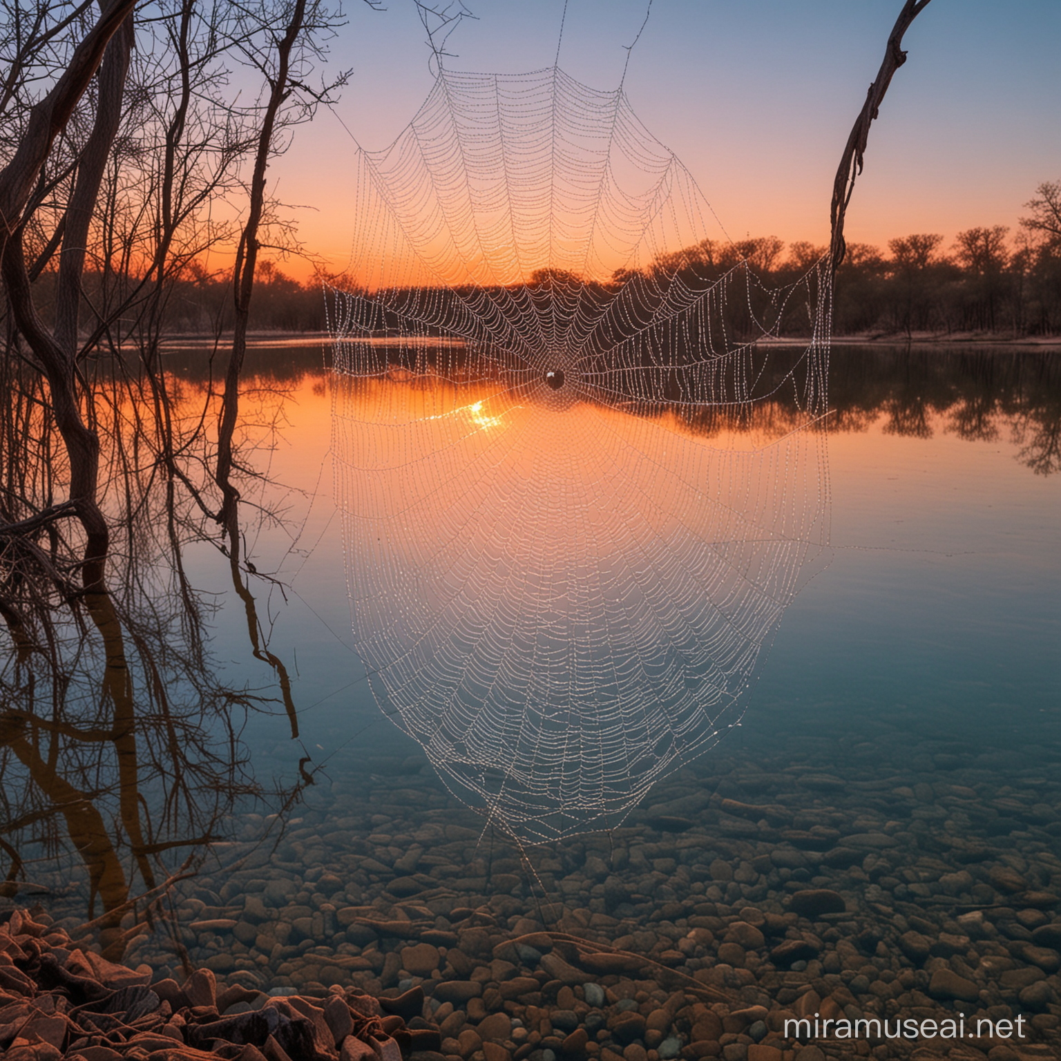Sunset Lake Landscape with Spider Web and Brain