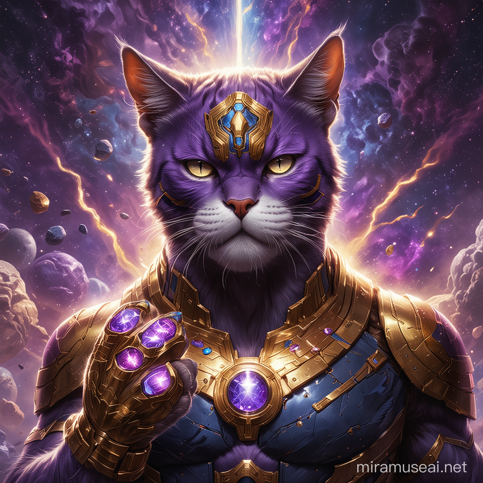 a formidable and majestic cat assumes the guise of Thanos from Marvel, adorned with the Infinity Gauntlet, each of its stones radiating a distinct hue. The cat's fur echoes a regal purple, akin to Thanos' armor, while its feline eyes gleam with cosmic power. With confident poise, the cat brandishes the multicolored Infinity Gauntlet, each gem pulsating with its unique energy. This portrayal captures the feline figure as a dominant force, poised to wield the unfathomable power of the universe, its expression conveying both determination and a hint of sinister resolve.









