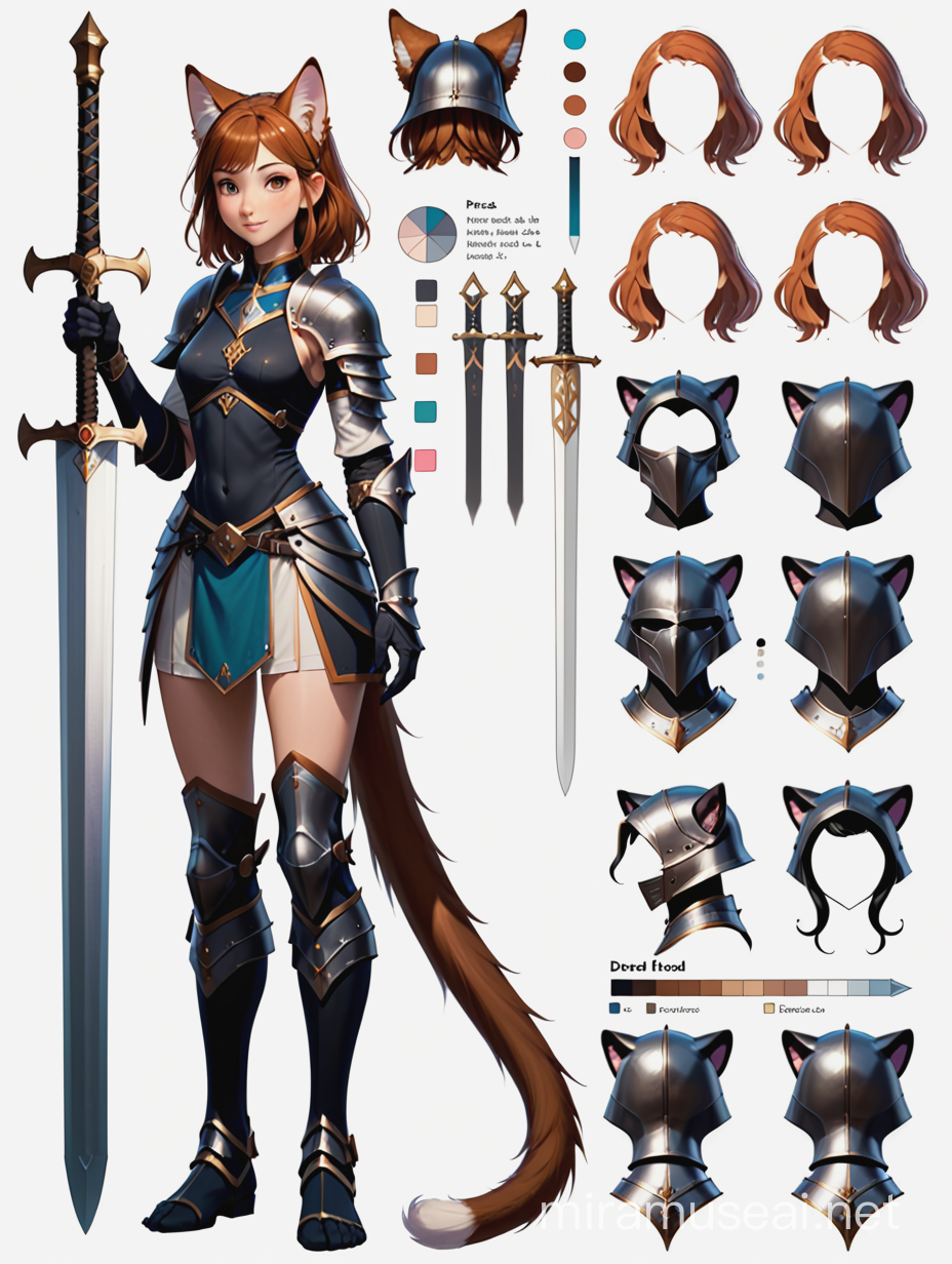 reference sheet, reference fullbody, tall girl, human head, dnd theme, tail, paws, armor, sword