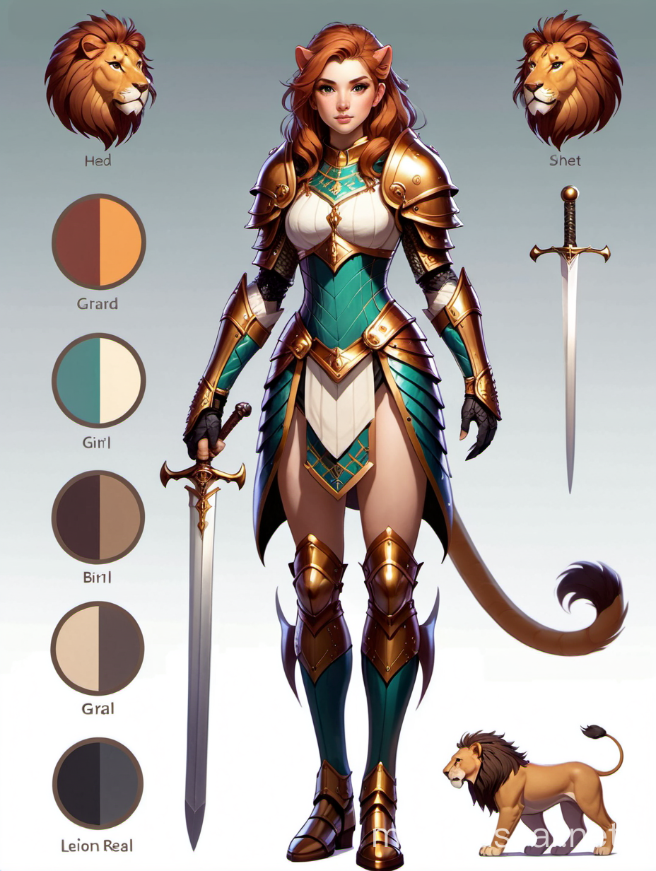 reference sheet, reference fullbody, tall girl, human head, dnd , lion tail, paws, armor, sword