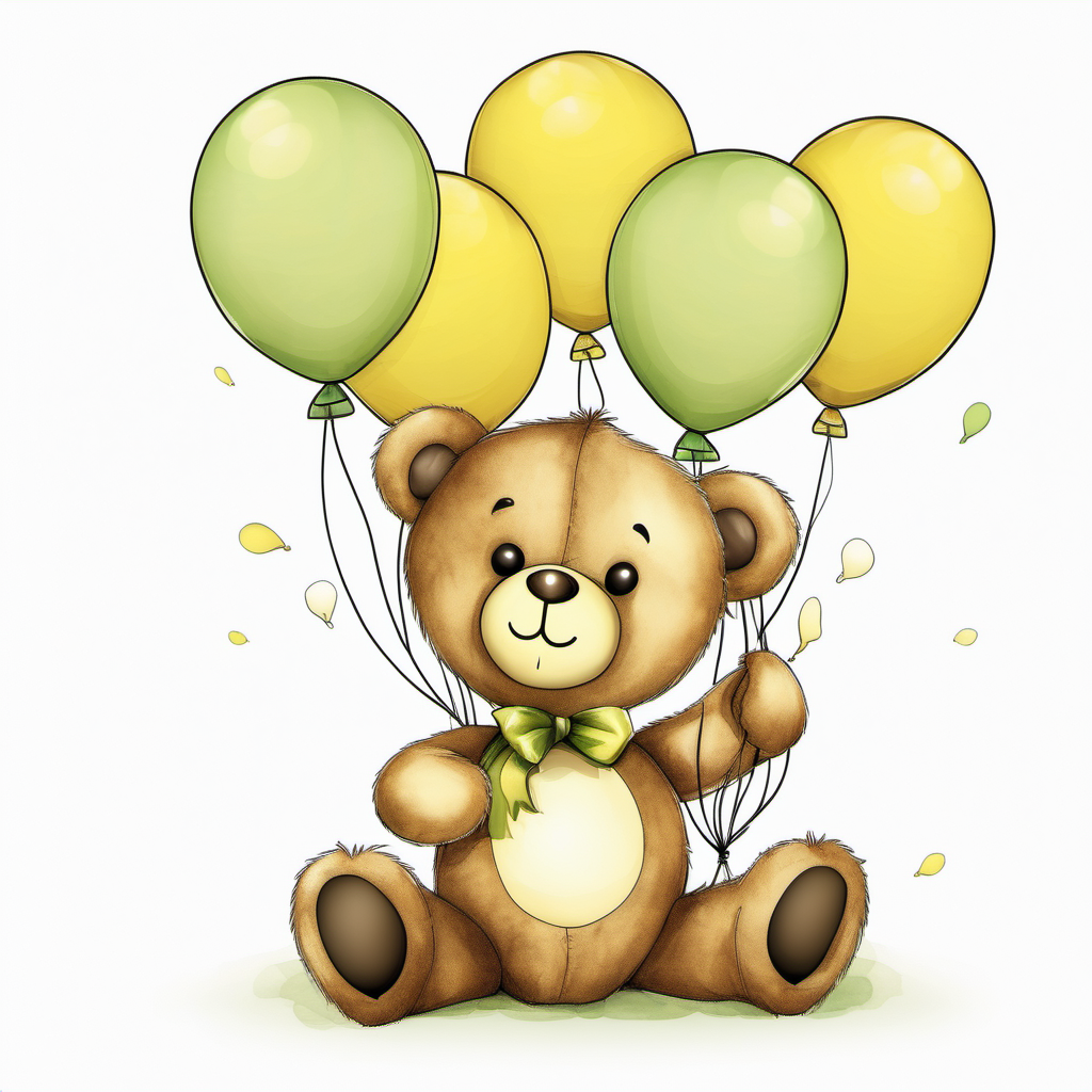 adorable teddy bear holding light green, yellow, cream, and brown balloons, white background
