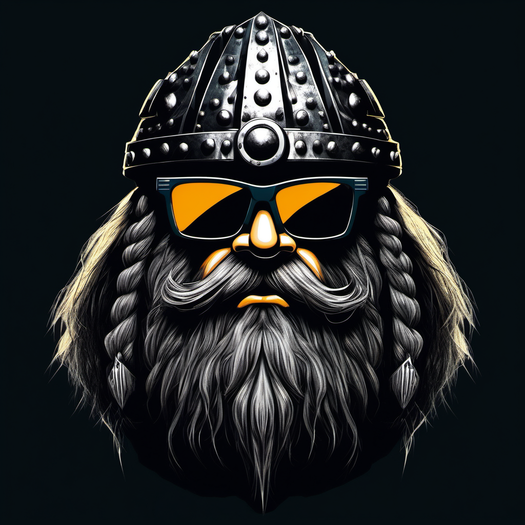anggry Fantsay dwarf head with sunglasses spiked helmet black background
