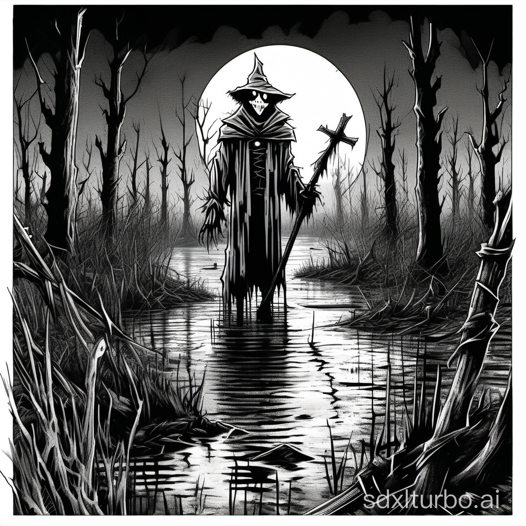 marker art, a scarecrow:ghoul:warlock, in a swamp, cloudy night, wide shot, 1bit bw, white background, black border, visible cross-hatch, loose lines, style of 1981 Dungeons and Dragons,