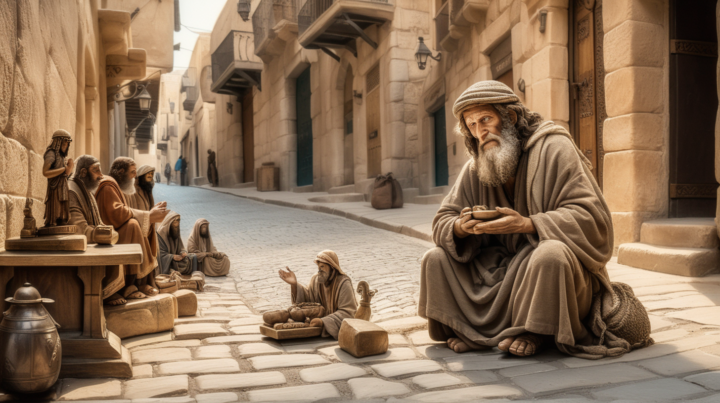 epoque biblique, un sans abri idolatre qui tend la main pour recevoir l'aumone, assis par terre dans la rue avec trois statuettes en bois et trois en pierre autour de lui, dans une rue d'une ville hébreu antique