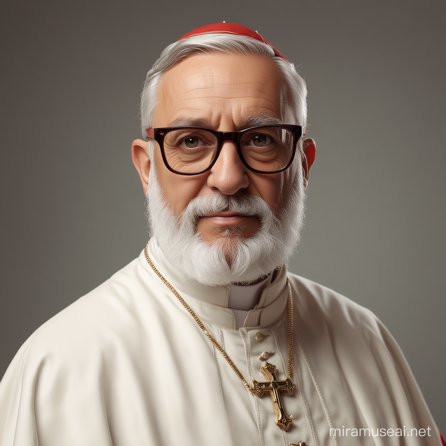 Cardenal ficticio con gafas y  barba de Vaticano vestido de blanco 