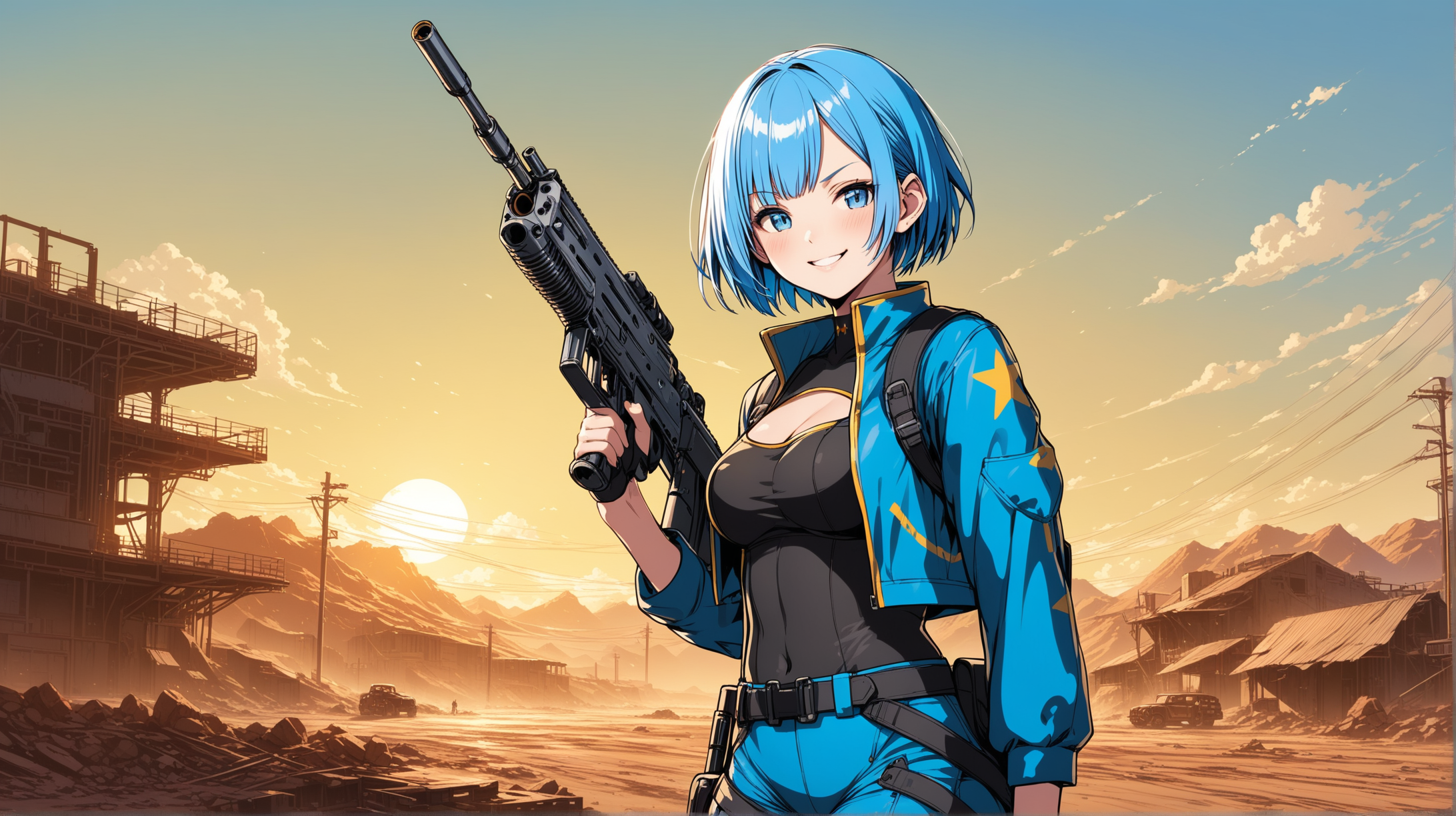 Draw the character Rem, high quality, in a confident pose, outdoors, holding a modern weapon, wearing an outfit inspired from the Fallout series, smiling at the viewer