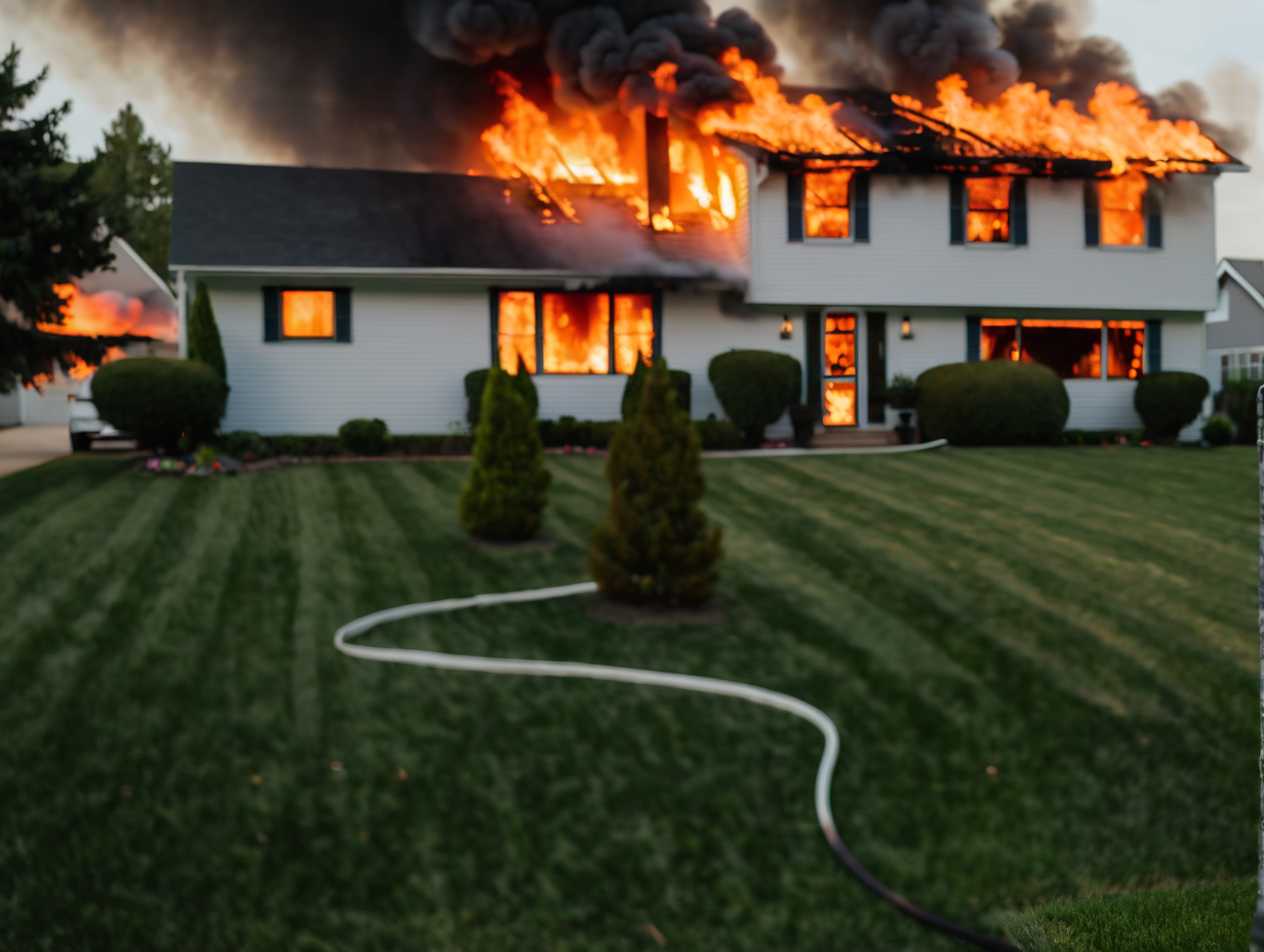 White American Suburban house on fire with lawn in front 