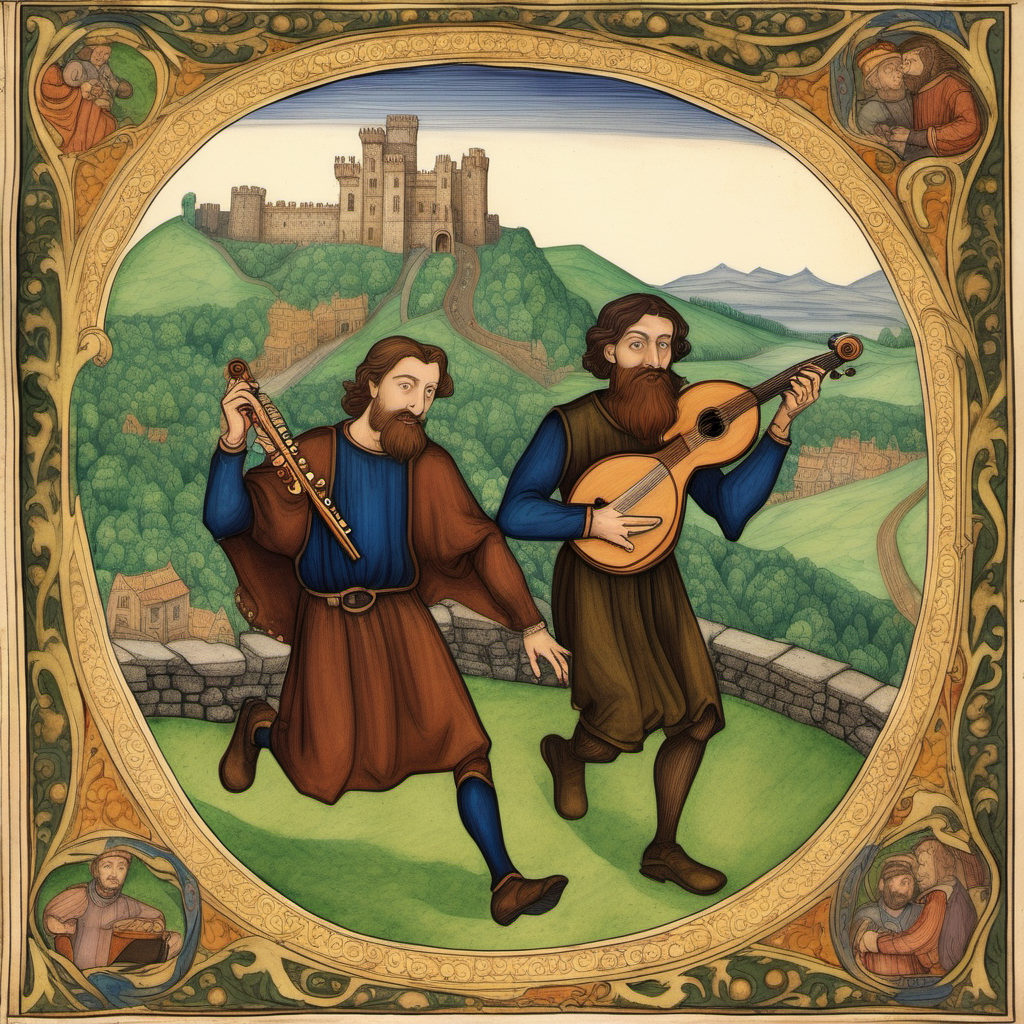 Im Stil mittelalterlicher Buchmalerei: zwei Männer fliehen in Panik, arme Knechte in einfacher mittelalterlicher Kleidung, der links mit Vollbart und dunkelbraunem Haar spielt Flöte, der rechts ist dick und trägt Oberlippenbart und Kinnbart, hellbraunes Haar,  spielt Mandoline, im Hintergrund Hügel und in der Ferne eine Burg