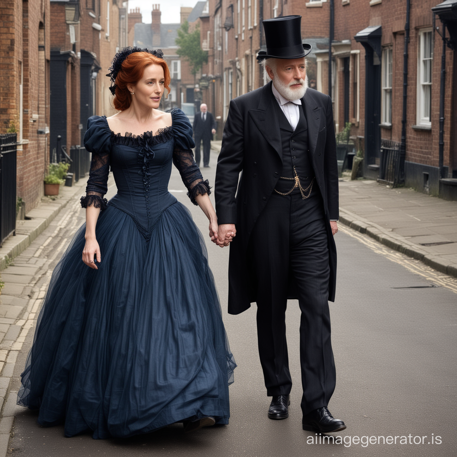 red hair Gillian Anderson wearing a dark blue floor-length loose billowing 1860 Victorian crinoline poofy dress with a frilly bonnet walking on a Victorian era street with an old man dressed into a black Victorian suit who seems to be her newlywed husband