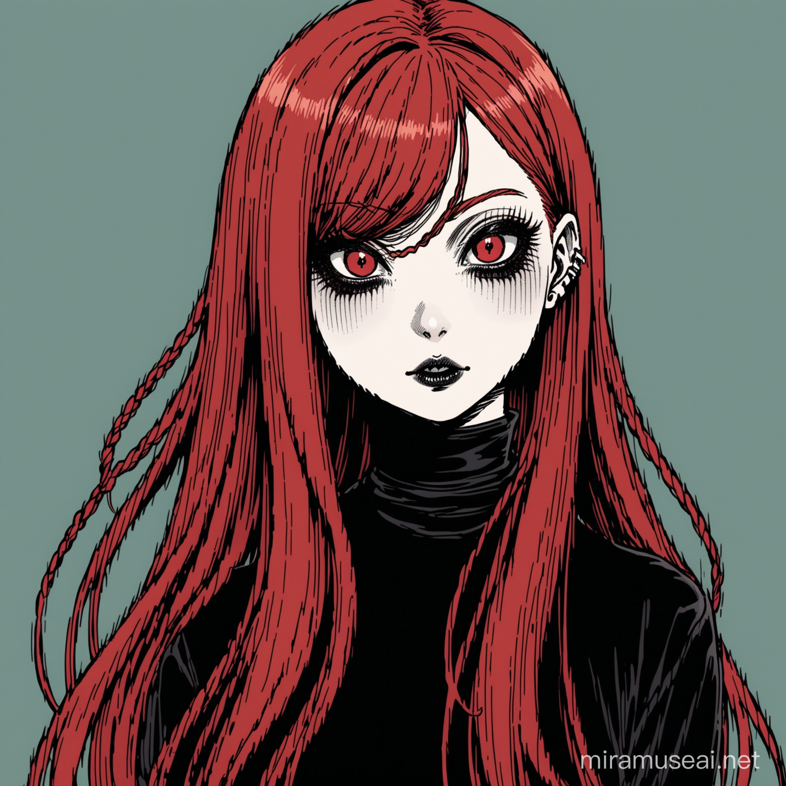 redhead woman, long hair, side part, 2d, goth, junji ito style,