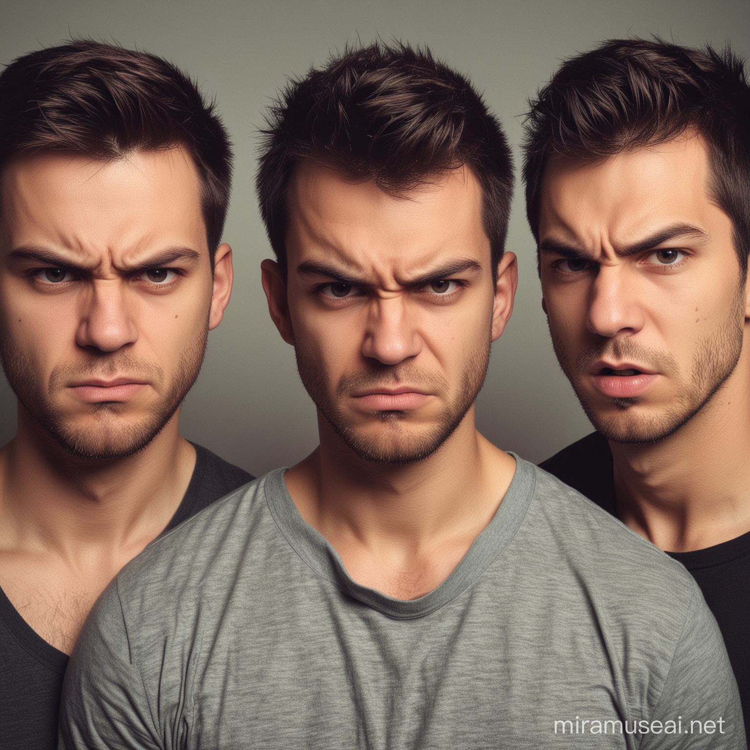 Generate me a picture of 3 menn looking very angry