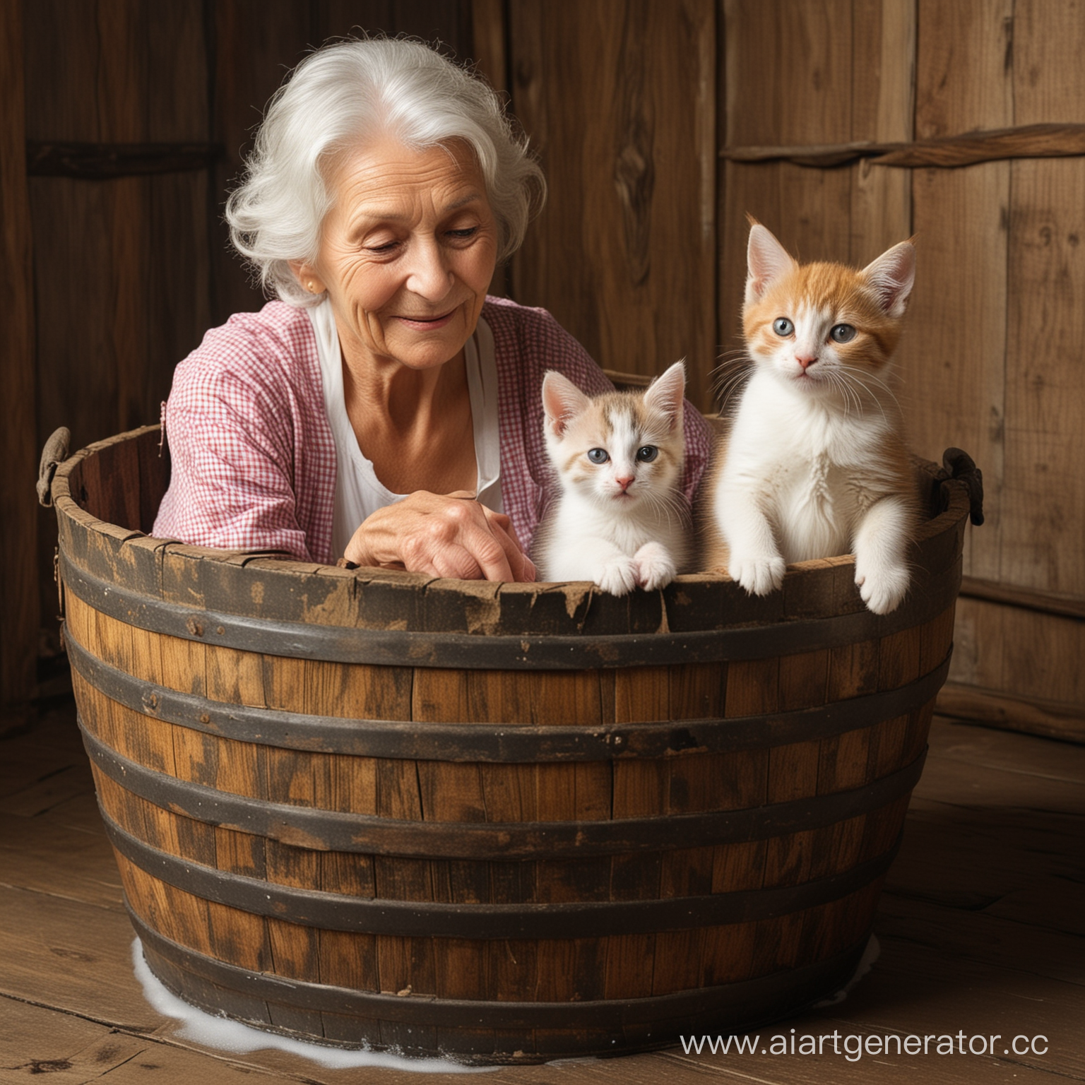 Старая бабушка купает котка в бочке, на которой написано масло