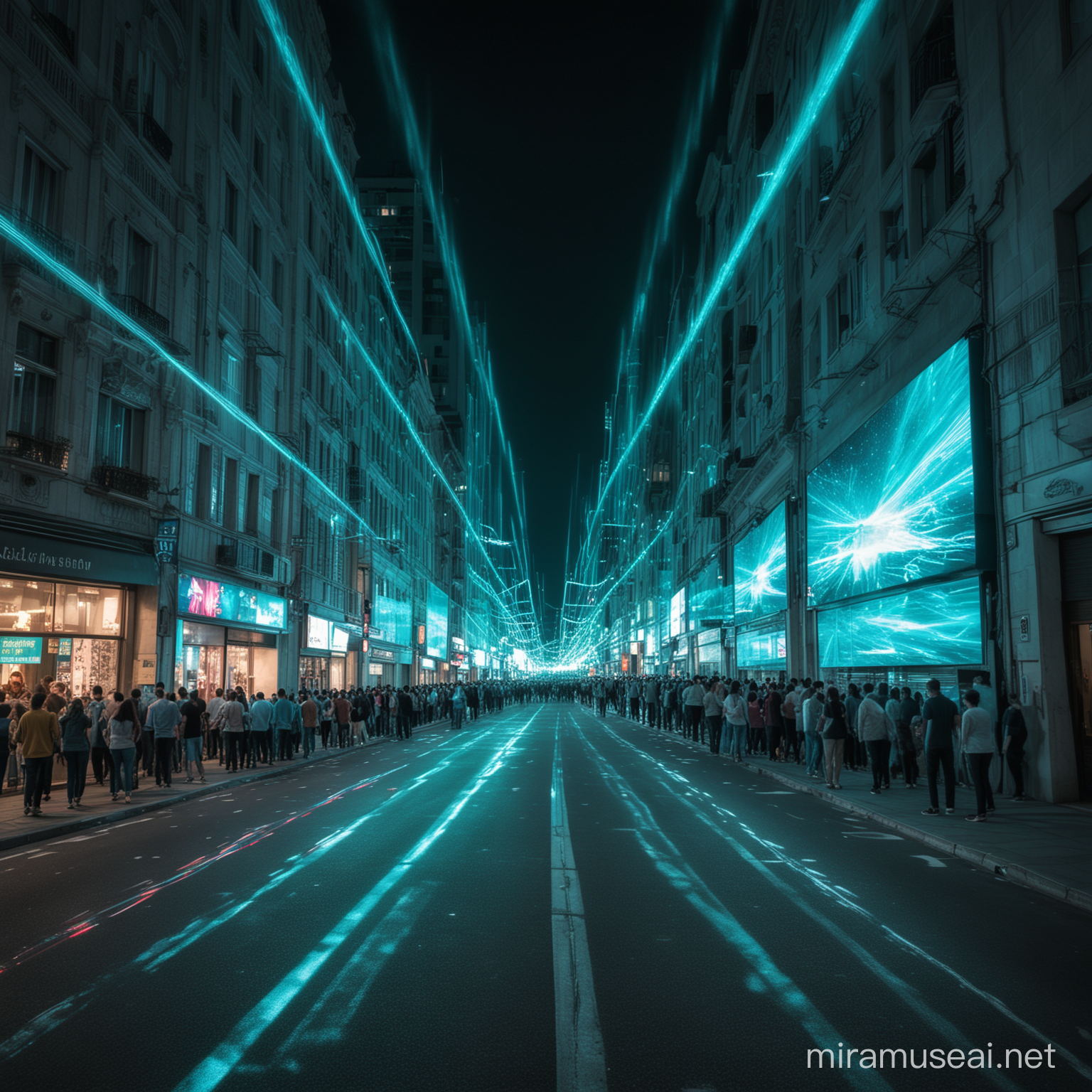 Vibrant Night Scene Crowded Street with Turquoise Laser Show