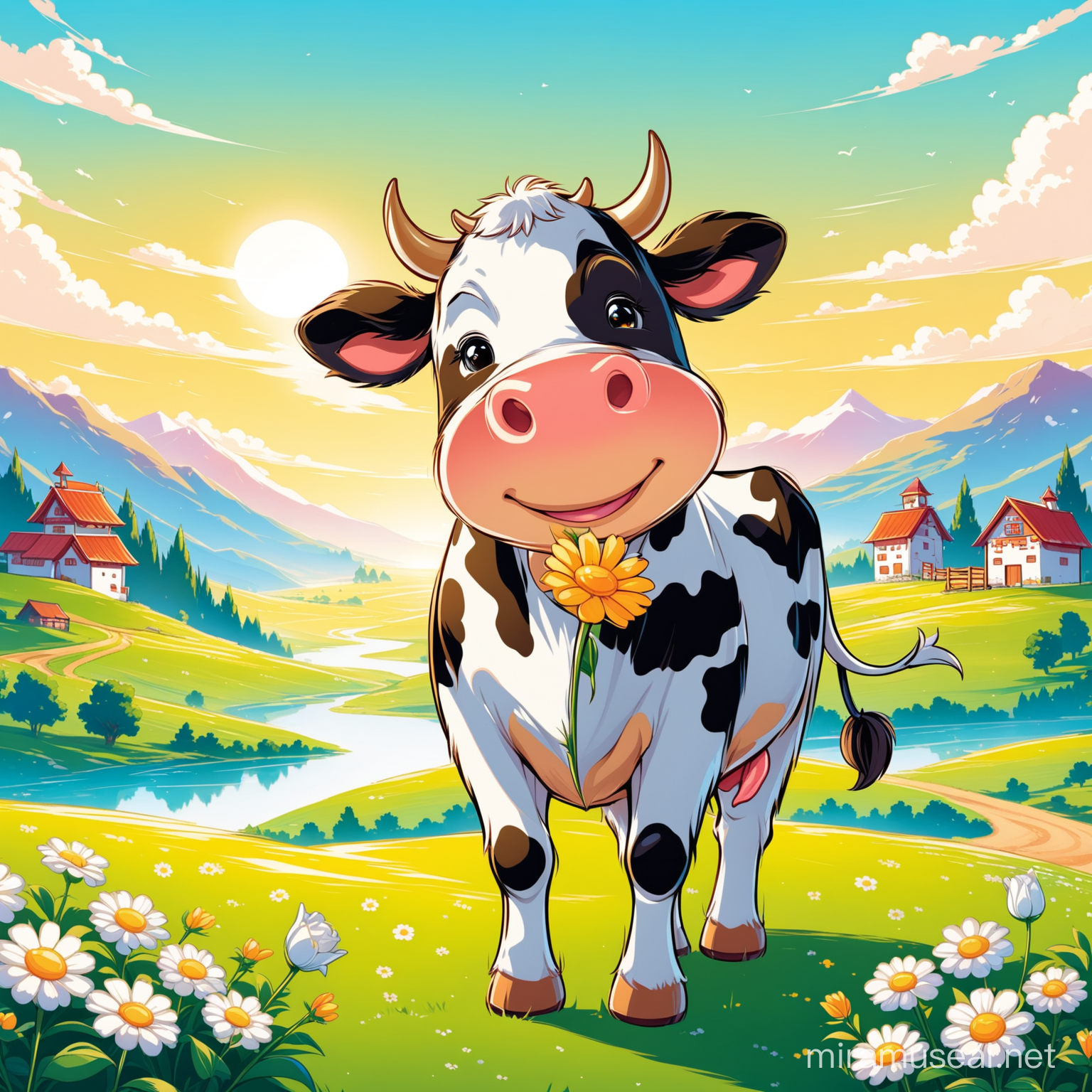 vaca desenho animado com flor na boca sorridente numa paisagem 