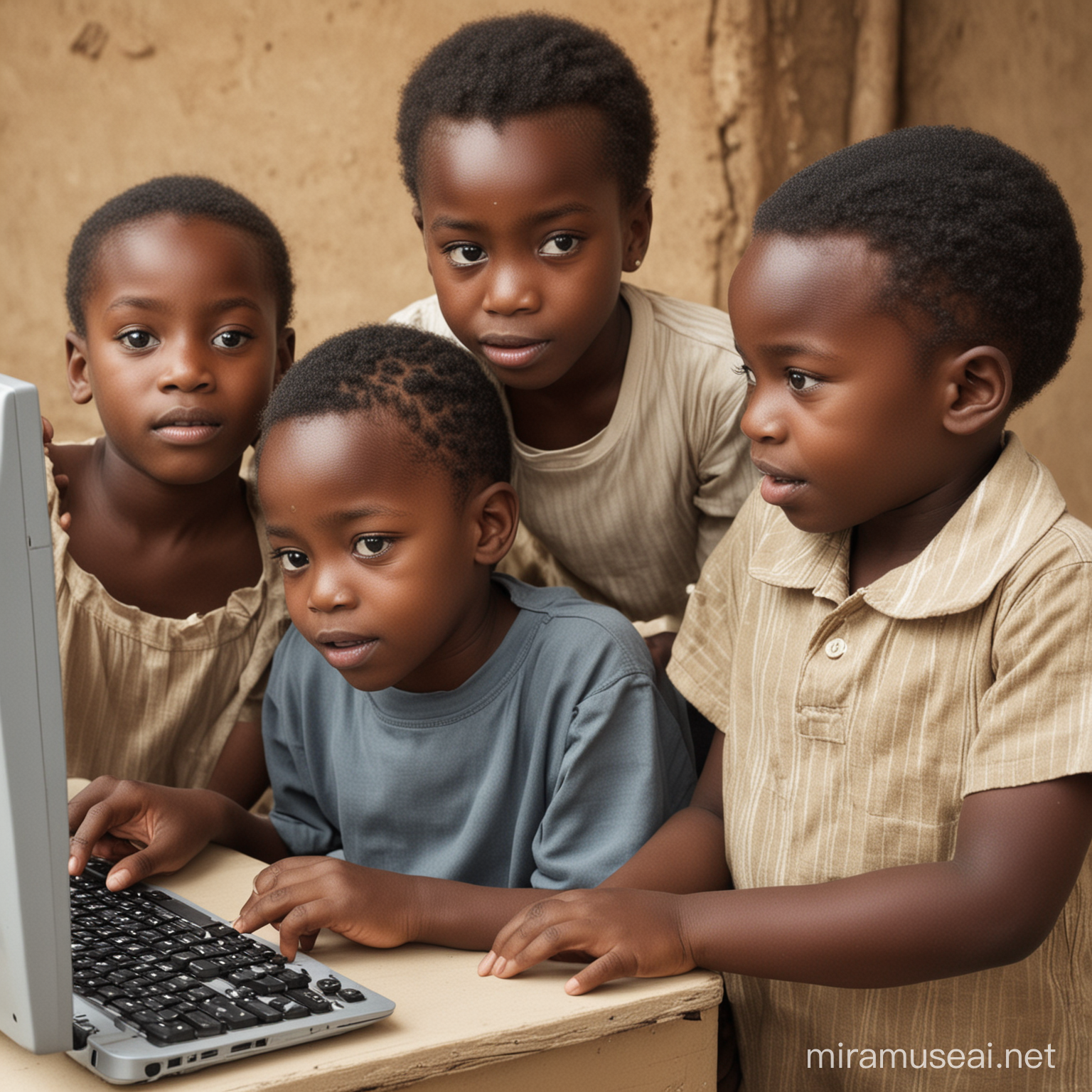 les enfants africain autour d'un ordinateur