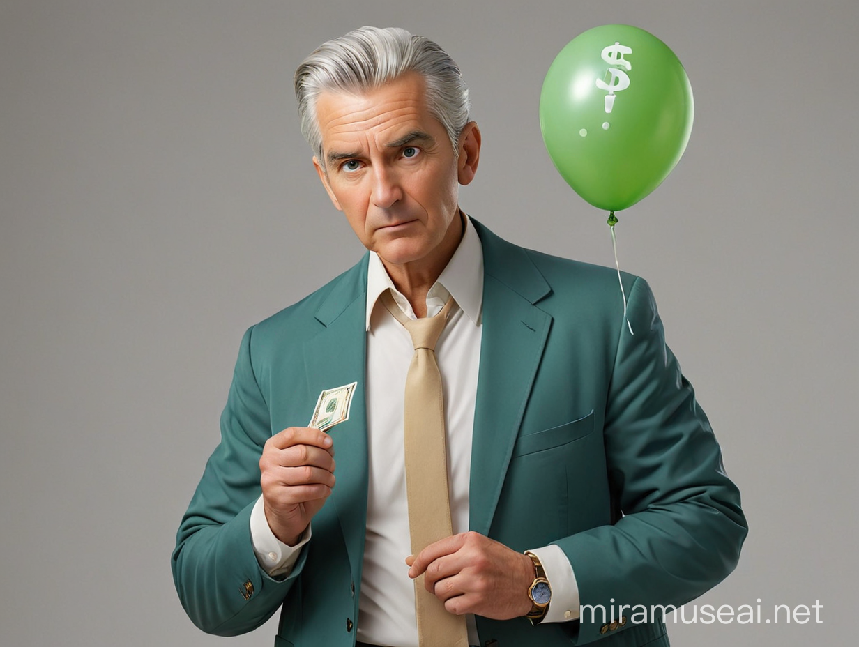Empresario de pelo canoso, peinado para atrás. Saco azul, camisa blanca, reloj rolex y pantalón color beige. Está inflando un globo verde que tiene impreso  un dólar.