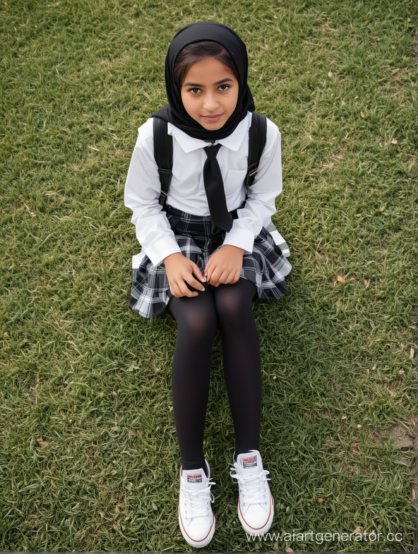 A little girl, 12 years old, hijab head, mini school skirt, white short converse shoes, school uniform, black opaque tights, sits the grass, top view, petite body, sharp eyes, arabian