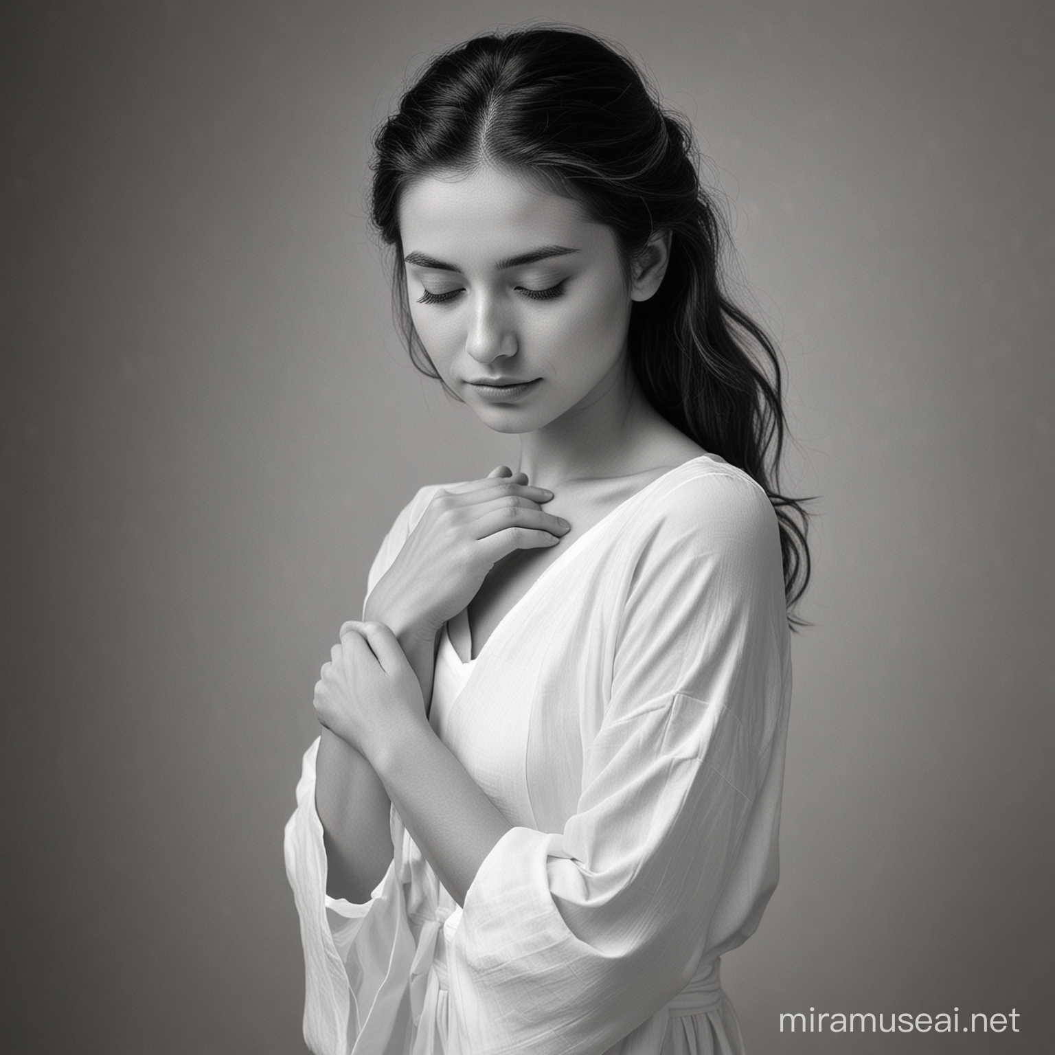 three quarter length black and white photo of zen peaceful young lady in a white dress hugging herself
