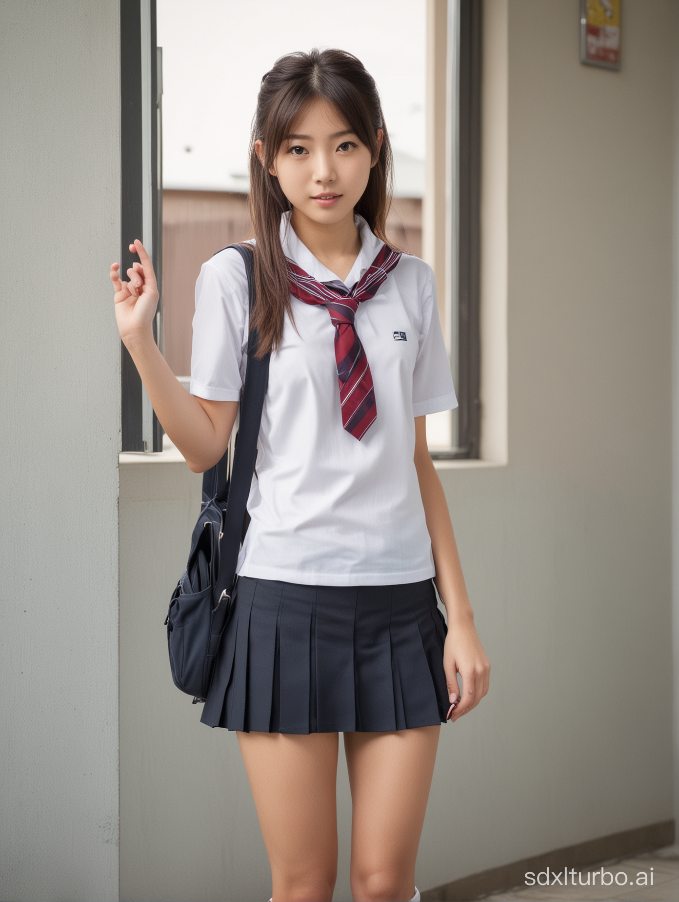 Japanese girl, age 18 years, wearing school uniform, very short skirt, in front at school