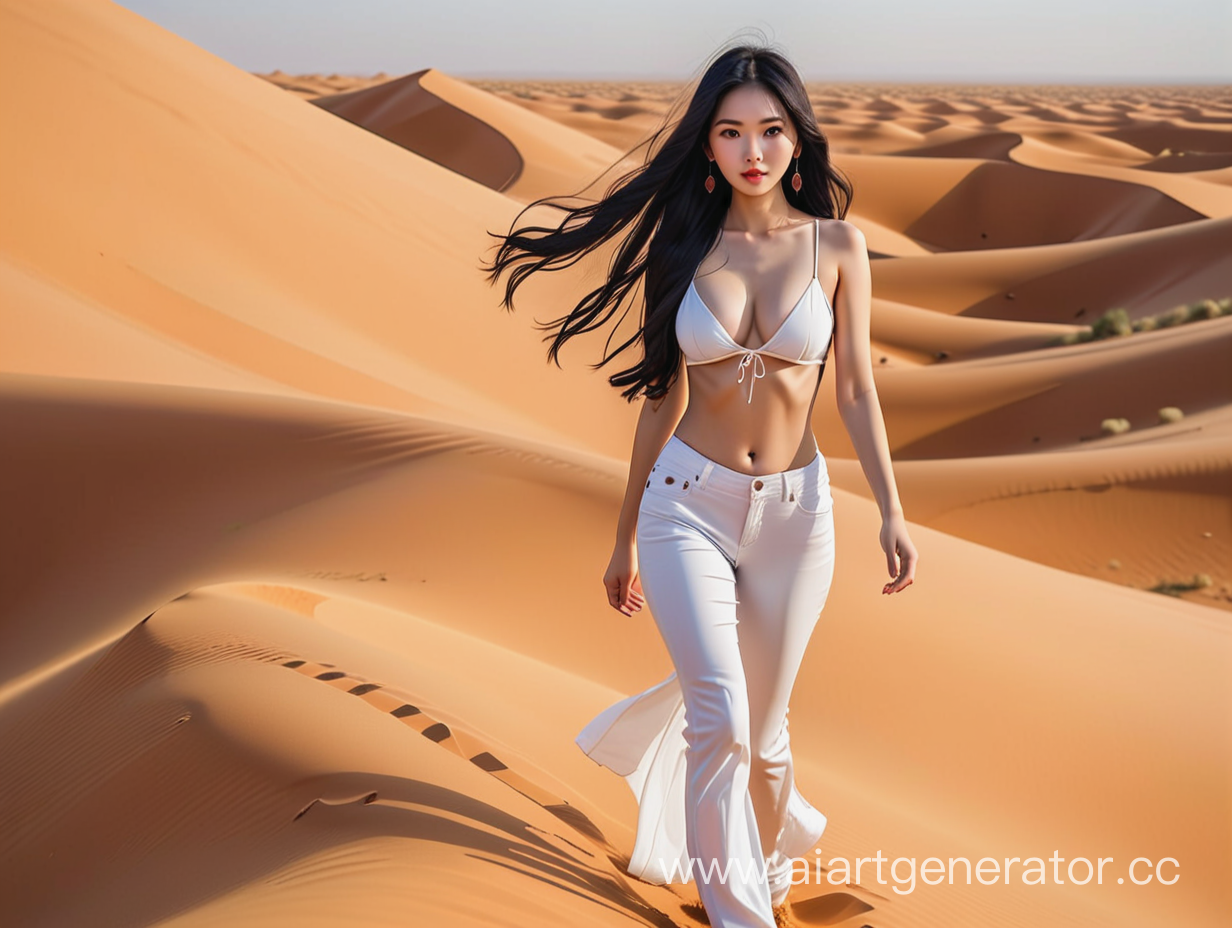 Beautiful Asian women tall slim waist wide hips with long black hair walking on wild win in the Sahara