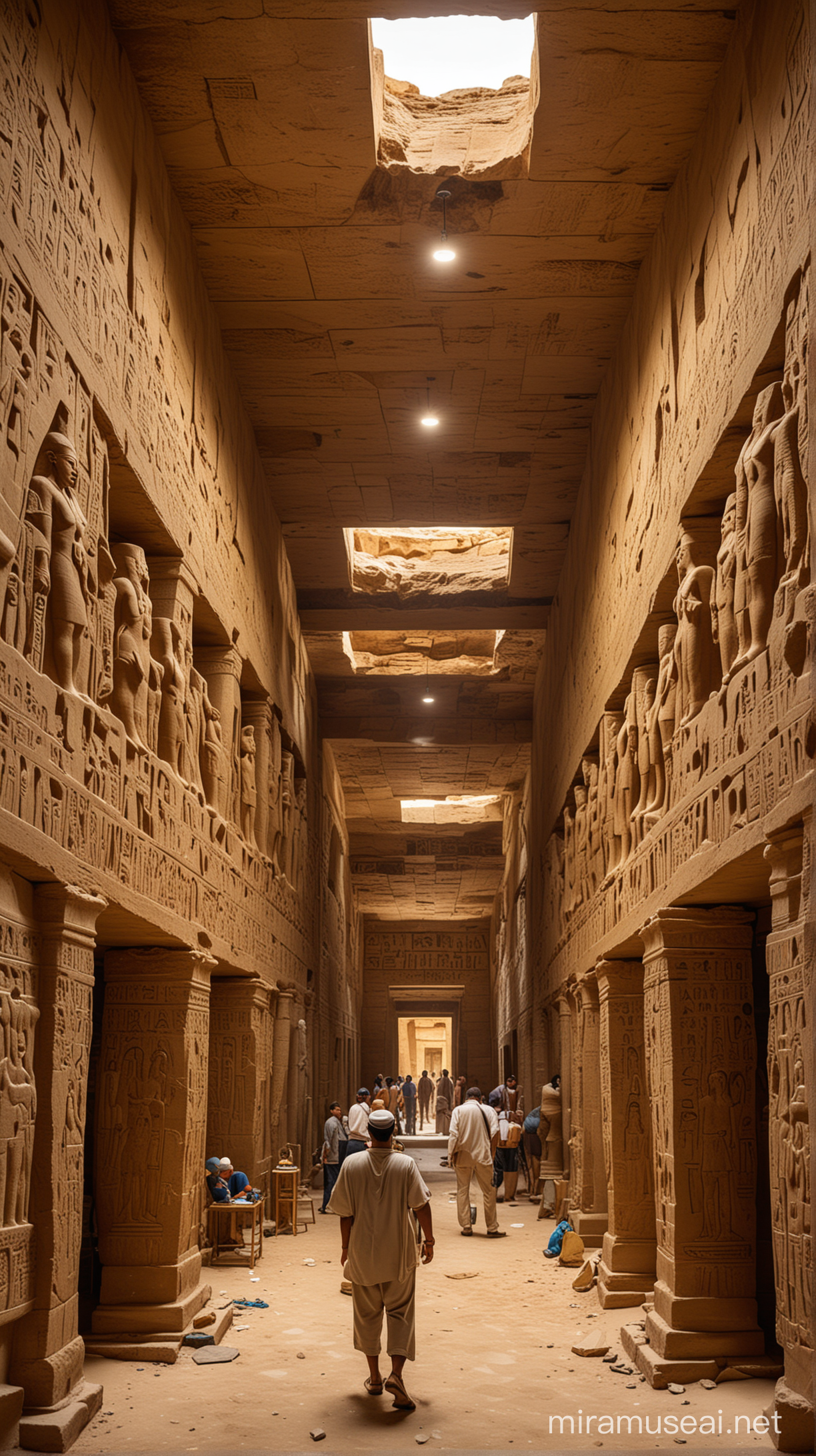 A scene within an ancient Egyptian temple, where archaeologists work eagerly. A cutaway showing the treasure-filled chambers of the tomb, with archaeologists carefully examining ancient artifacts. One archaeologist, perhaps having just discovered Tutankhamun's golden mask or statues, is surrounded by others gathered in excitement.

