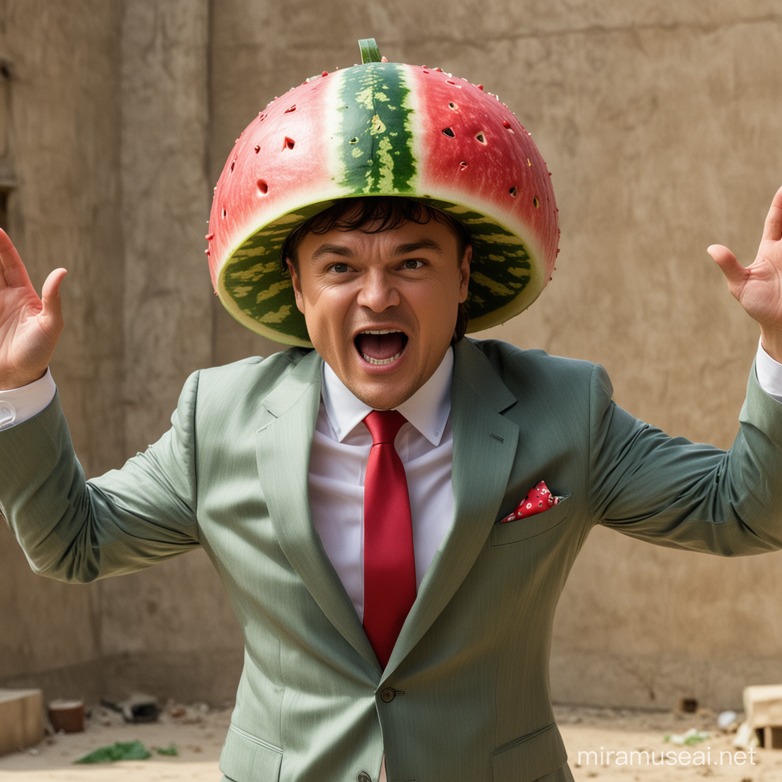 Leonardo decaprio wearing a watermelon helmet. He is wearing a suit with his arms wide open