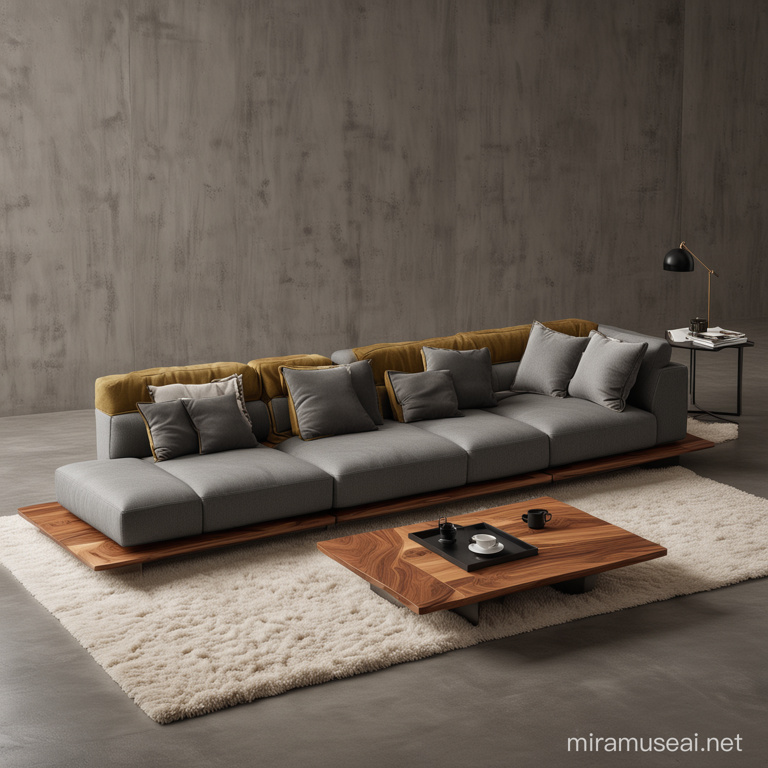 Futuristic Minimalist Sofa Set Dark Gray Fabric with OliveColored Fluffy Towel Fabric and Walnut Legs
