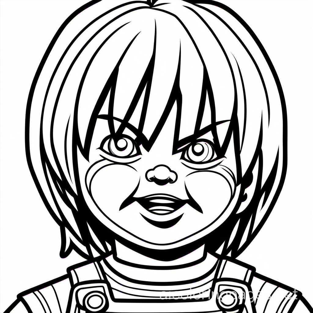 Chucky the killer doll, Coloring Page, black and white, line art, white background, Simplicity, Ample White Space. The background of the coloring page is plain white to make it easy for young children to color within the lines. The outlines of all the subjects are easy to distinguish, making it simple for kids to color without too much difficulty