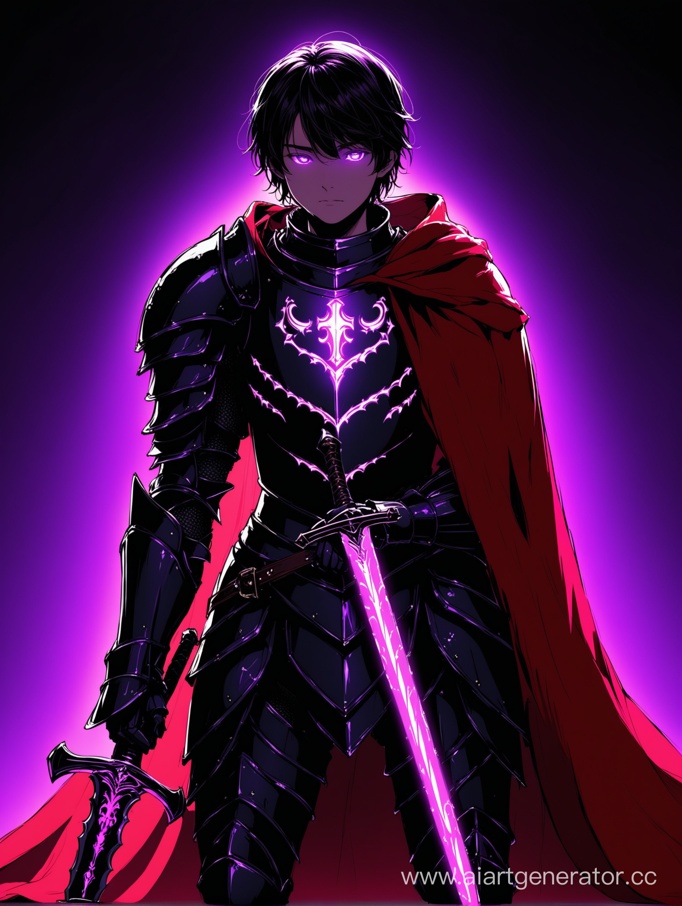 a knight in black light armor with a red cloak. a teenager, of light build. In a waiting position, leaning on a sword