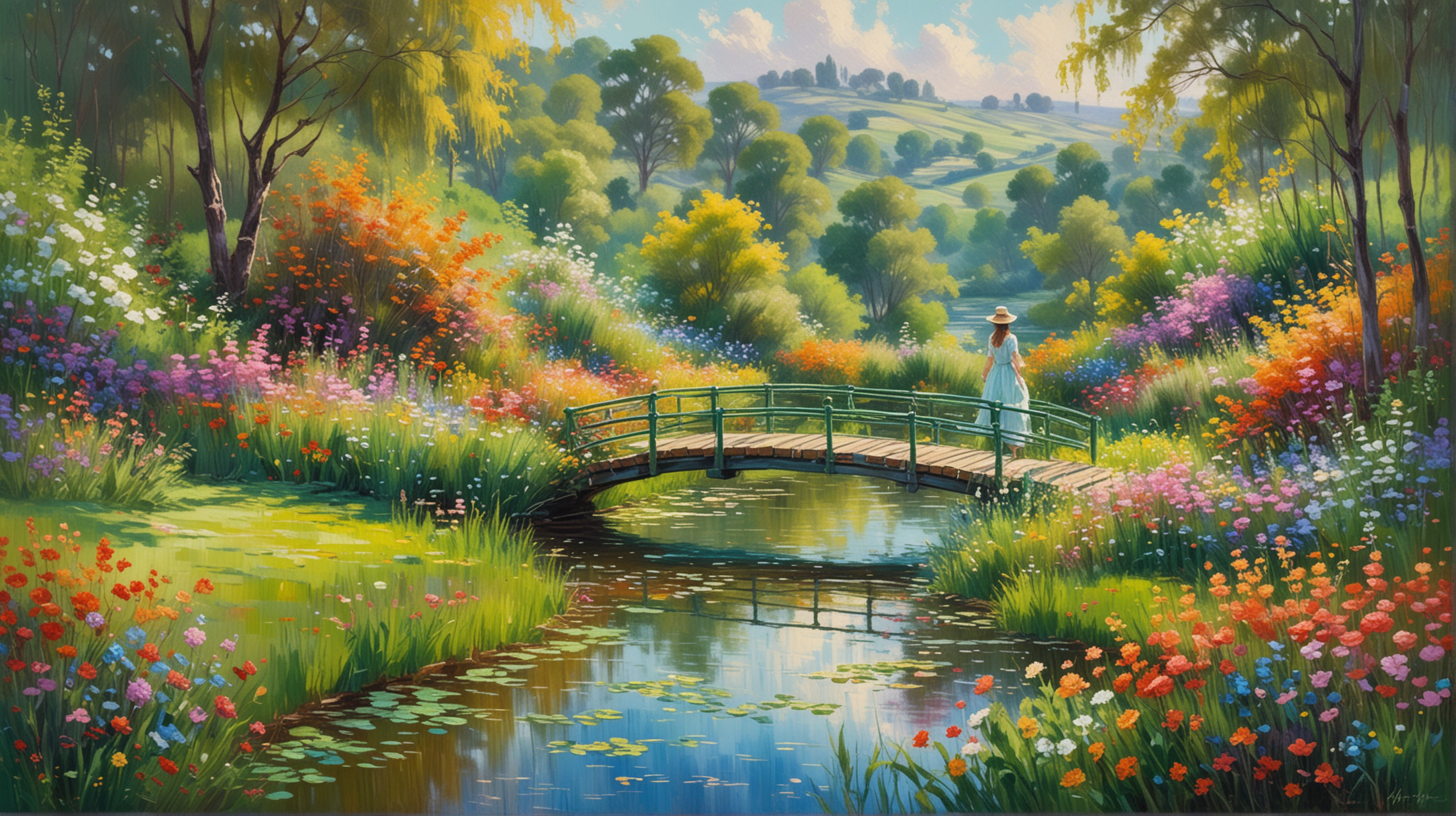 in style of monet create an abstract of green hillside with colorful flowers and trees with thick brush strokes and woman on a bridge overlooking a small pond