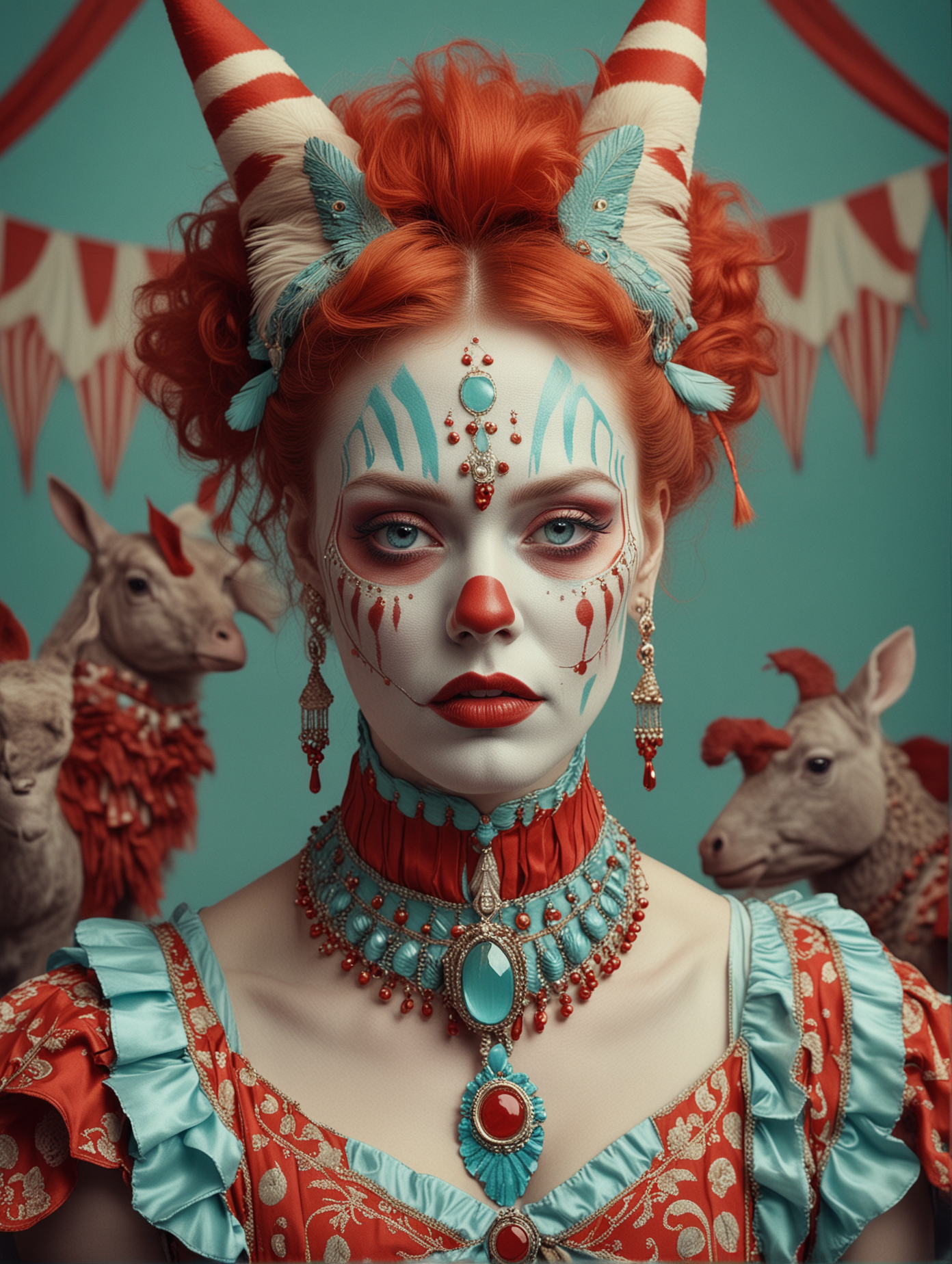 circus, in the style of whimsical yet eerie animal symbolism, light cyan and red palette, close up portraiture, nature-inspired pieces, elaborate costumes, ultra details