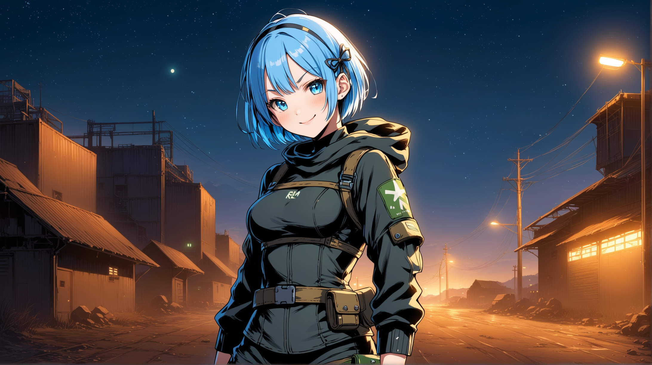 Draw the character Rem, high quality, in a nonchalant pose, outdoors, at night, wearing an outfit inspired from the Fallout series, smiling at the viewer