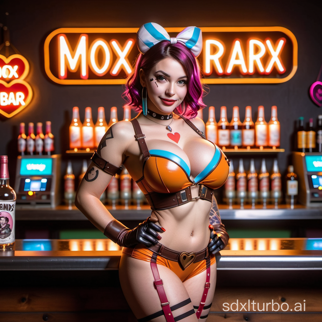 Busty Victoria June in the role of busty Mad Moxxi,underboob,standing behind the bar,Borderlands style,neon sign with the inscription Moxxi,heart gesture,behind the bar tables with regulars of the Moxxi bar,Borderlands ambiance and setting,cell-shading style,professional photos,realistic photos,strong hairblowing wind,perfect beautiful face,hq eyes,plump lips,shy smiling,flat stomach,slender hips,perfect body,slim hips,small hips,style raw,masterpiece 1:2,extremely detailed cg,sun shafts,ray-tracing,32k.