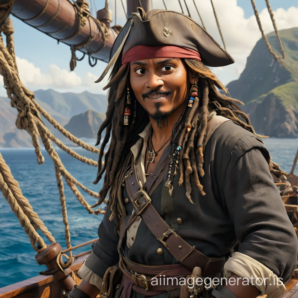 a black skin Johnny Depp as Jack Sparrow in a ship, smiley, aside of a big rudder, landscape with sea, other ships and mountais far away in the sea