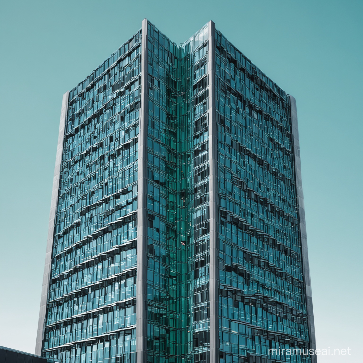 a tall building designed in black metal and light blue windows green screen