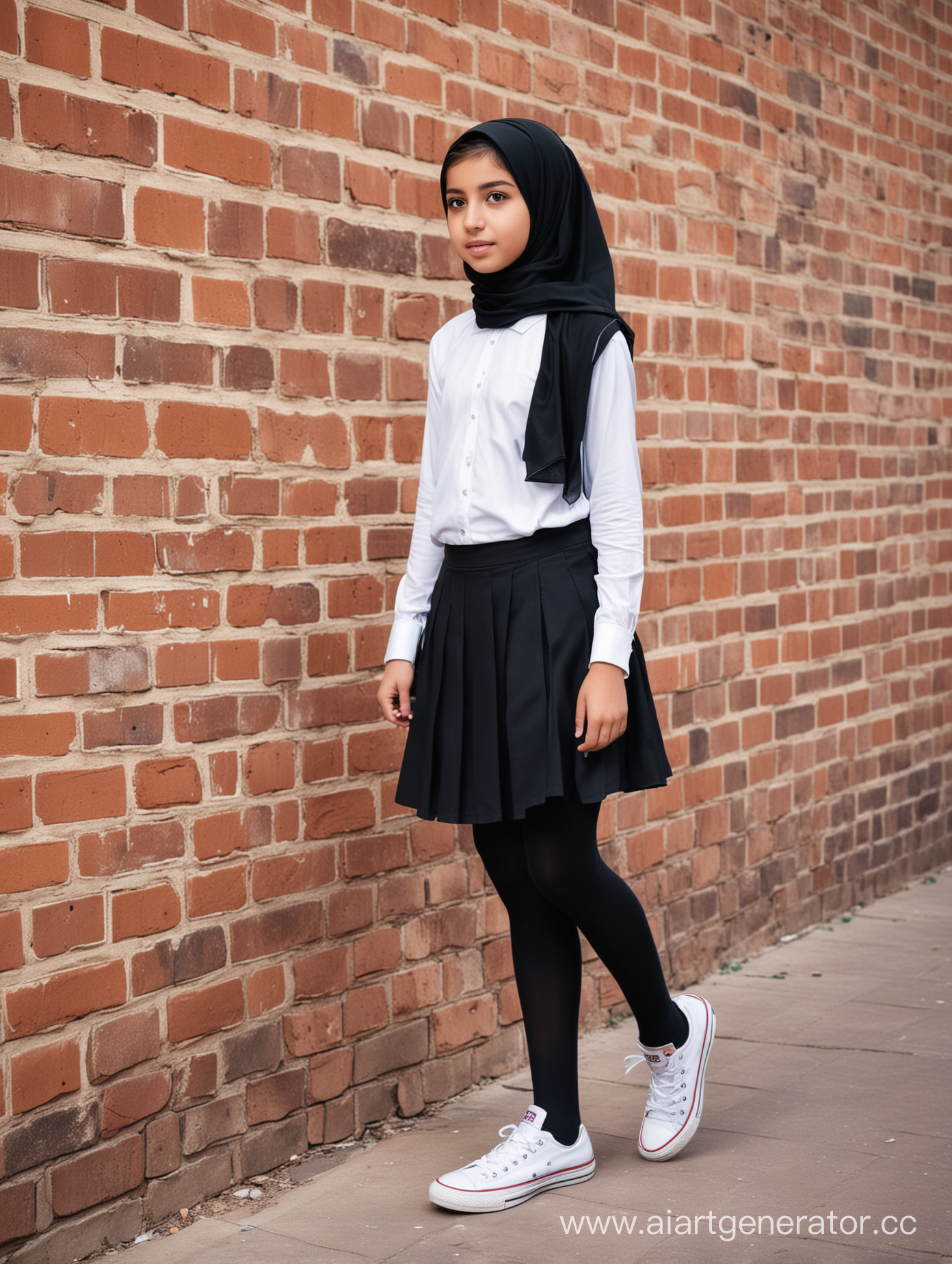 A little girl, 12 years old, hijab, knee high school skirt, white short converse shoes, school uniform, black opaque tights, on the brick wall, from behind, petite body, sharp eyes, arabian, close up, acute angle