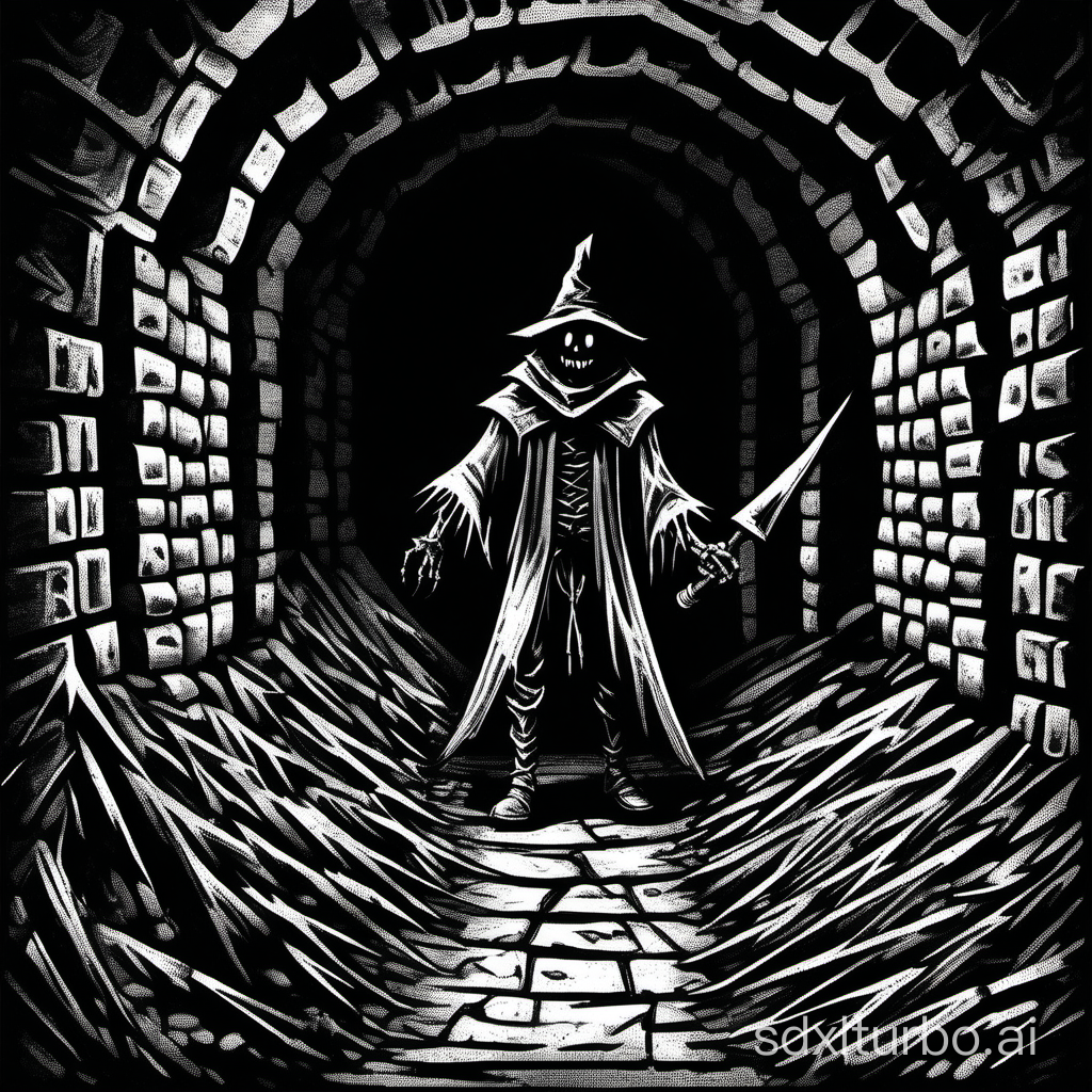 ink illustration, a scarecrow:warlock, lurking in a tomb tunnel, dark and evil atmosphere, 1bit bw, style of 1981 Dungeons and Dragons,