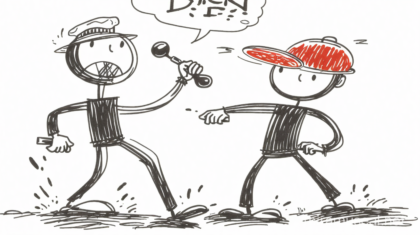 Two stick figures are facing off in a tense standoff.  One figure is holding a frying pan defensively, while the other holds a rolling pin in a threatening manner.  Both have determined expressions on their simple faces. Draw the scene from a frontal view on a blank white background.