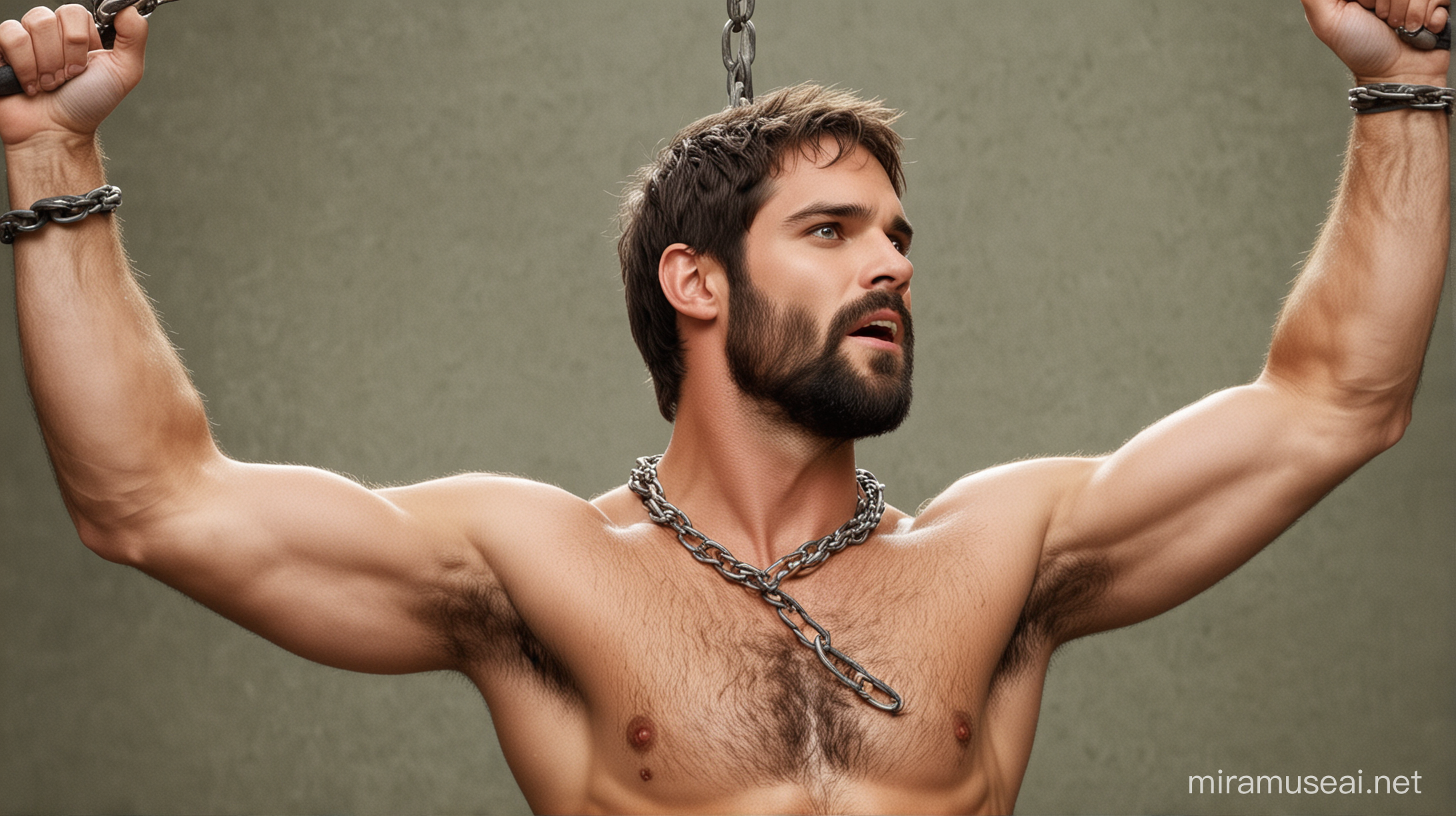 Very hairy version of actor Brant Daugherty, with a lot of beard and a very hairy body. Daugherty, slave, wrists tied with chains, raising and stretching his arms, showing very hairy armpits, green eyes, no shirt, very hairy chest like in the past, short hair, serious expression, bearded, very hairy body and chest.