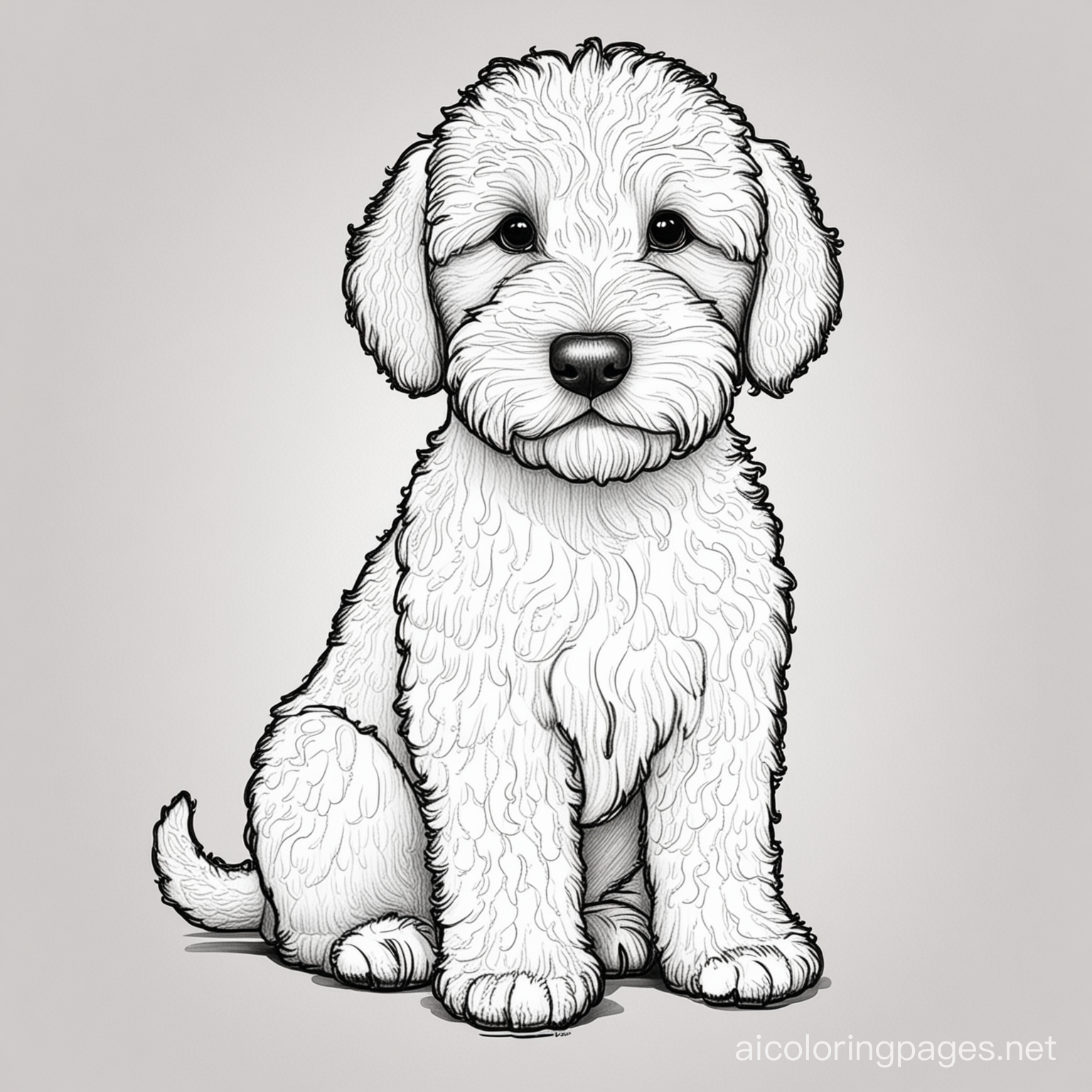 Mini Choclate Labradoodle dog, Coloring Page, black and white, line art, white background, Simplicity, Ample White Space. The background of the coloring page is plain white to make it easy for young children to color within the lines. The outlines of all the subjects are easy to distinguish, making it simple for kids to color without too much difficulty