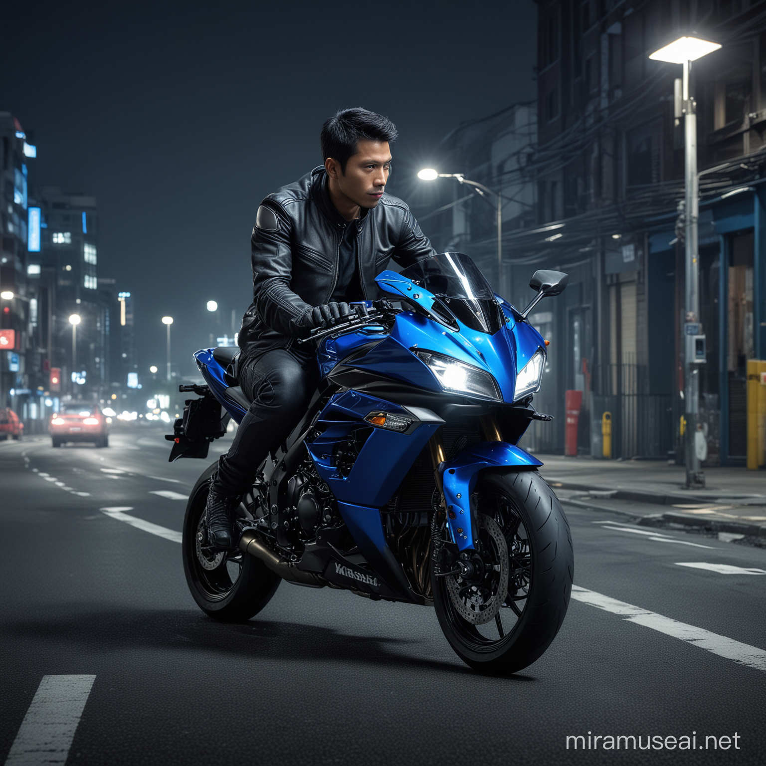 create realistic image a handsome Indonesian man sitting pose on a sleek, blue Kawasaki Ninja 1000RR sports motorcycle at night. The individual wears a black leather jacket, adding to the urban and modern aesthetic of the scene. The motorcycle’s vibrant blue color stands out against the dark background. Ambient city lights illuminate the surroundings, creating contrasts of light and shadow, 800mm lens, realistic, hyperrealistic, photography, professional photography, deep photography, ultra HD, very high quality, best quality, mid quality, HDR photo, focus photo, deep focus, very detailed, original photo, original photo, ultra sharp, nature photo, masterpiece, award winning, shot with Hasselblad X2D