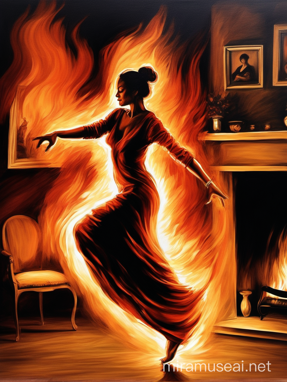 Draw a painting of a woman dancing in front of the fire.