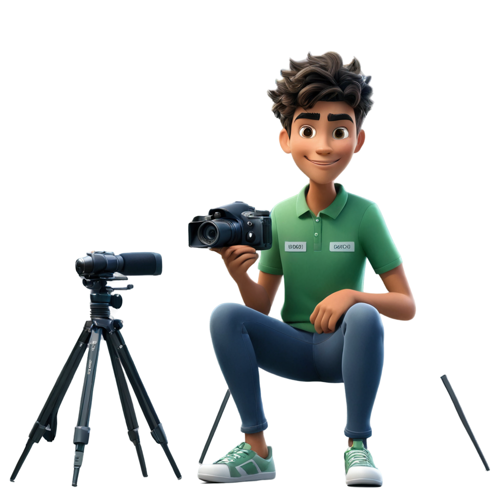 illustration animated of a teenager taking pictures with a profesional camera wearing green and blue shirts